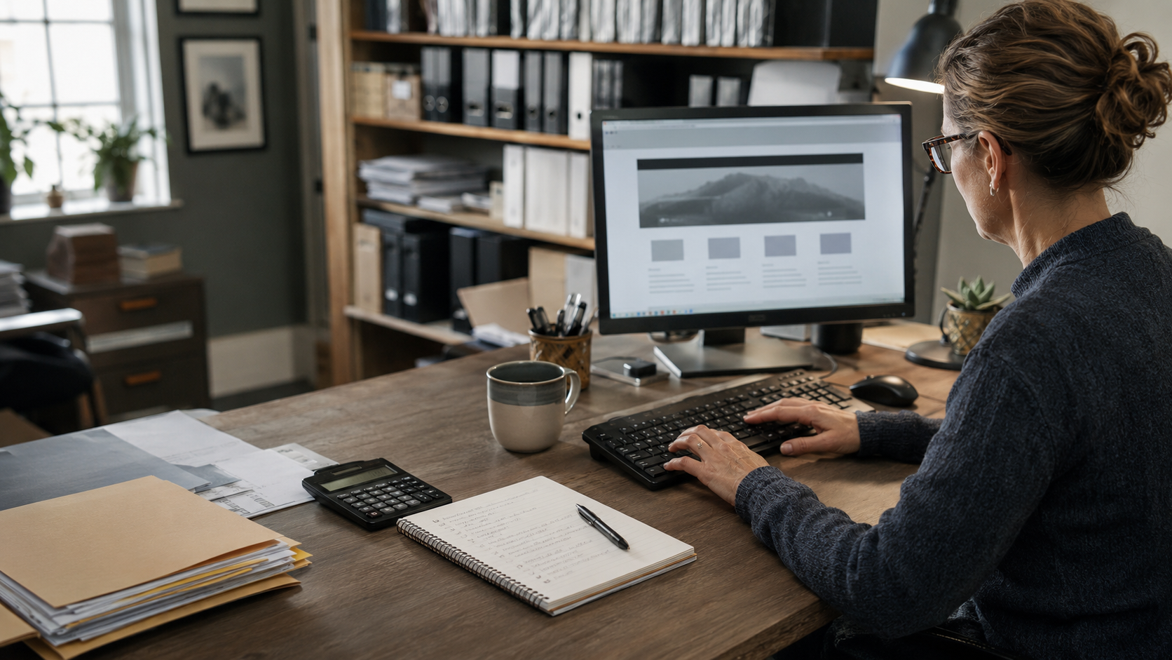 A professional reviewing a business website with a physical keyboard at an organized bookkeeping-office workstation.