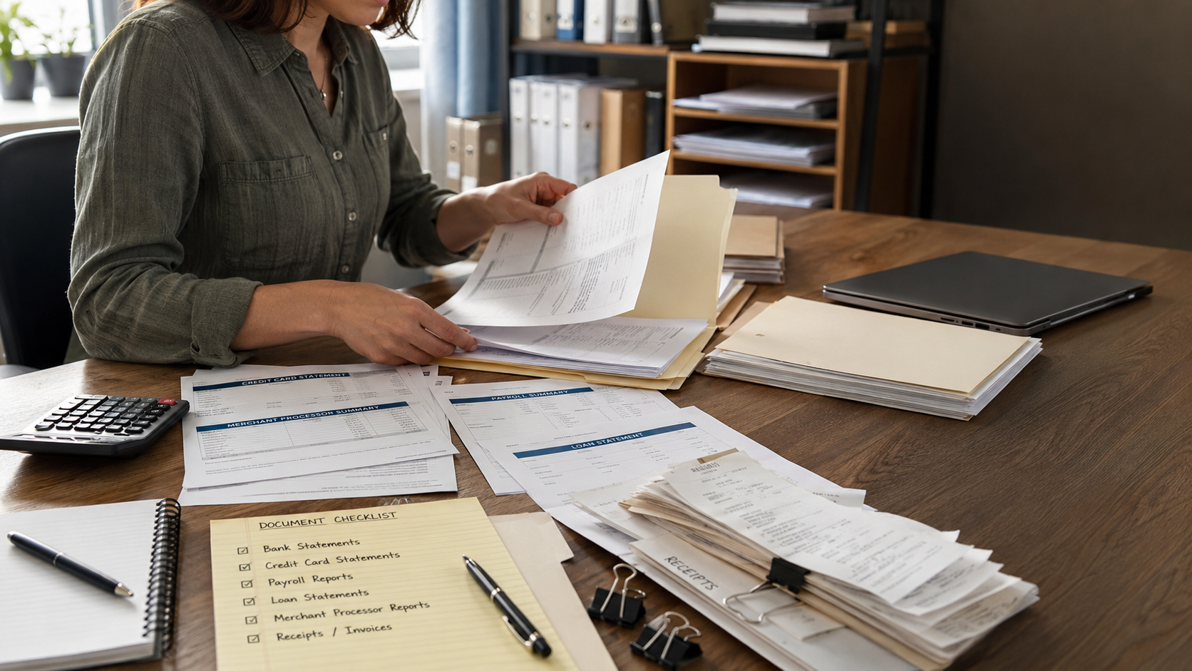 A small-business owner reviewing bookkeeping documents, receipts, notes, and financial paperwork before contacting a bookkeeper.