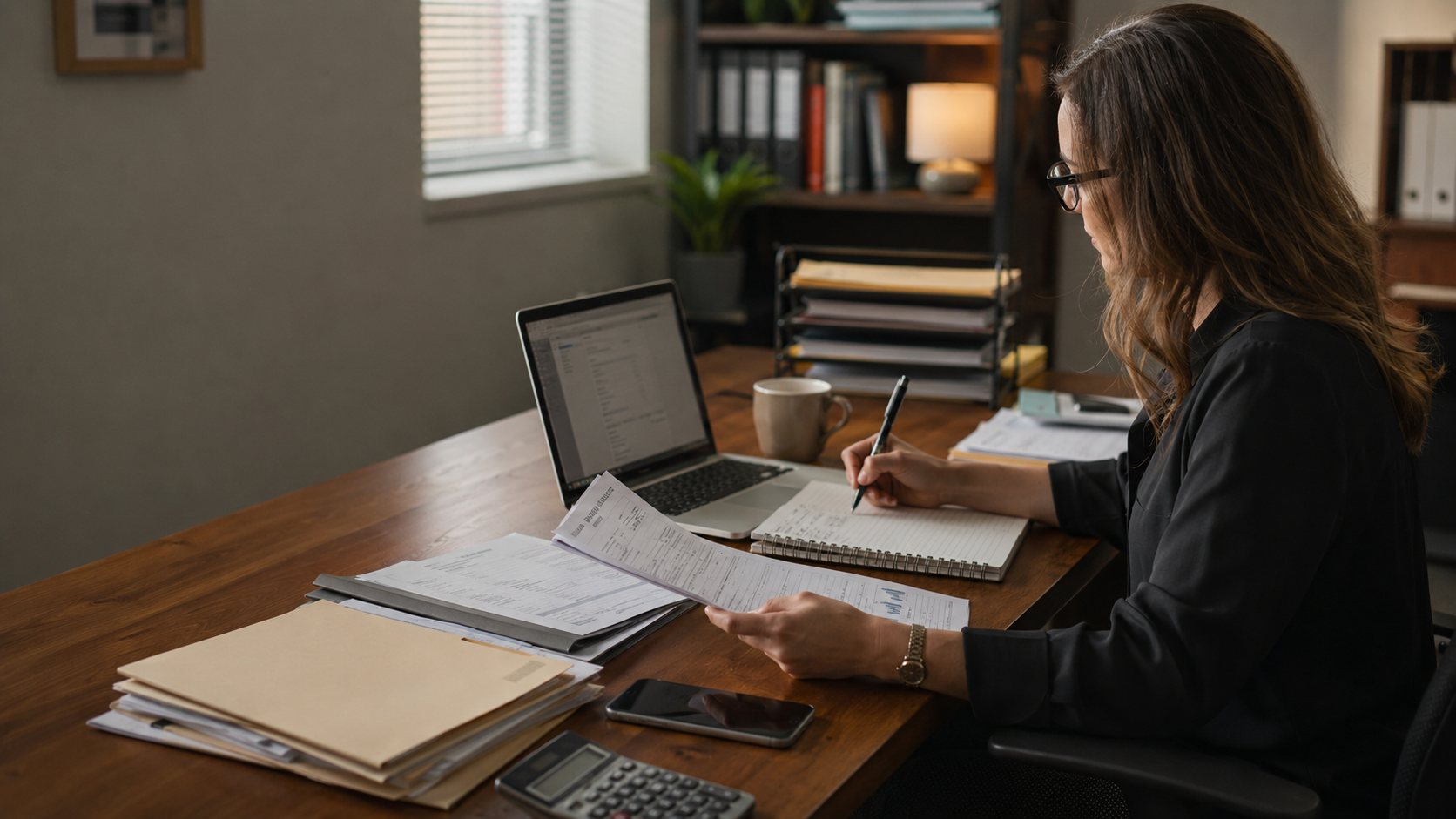 A professional bookkeeper reviewing a new-client inquiry, writing follow-up notes, and organizing documents at a practical office desk.