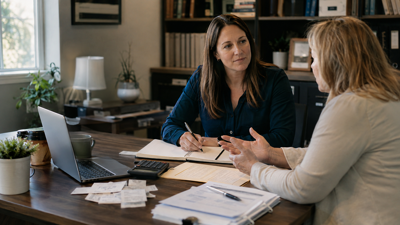 A professional bookkeeper listening to a small-business owner during a practical first conversation about financial records and bookkeeping needs.