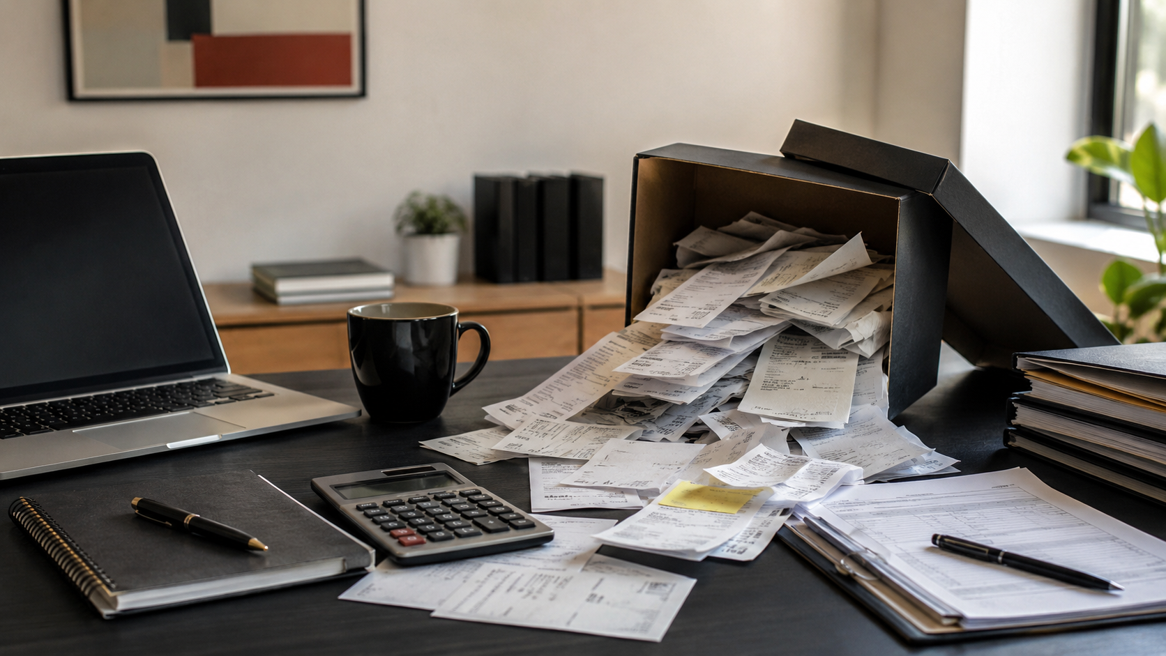 A small-business bookkeeping desk with a shoebox overflowing with receipts, calculator, laptop, notebooks, and financial paperwork.