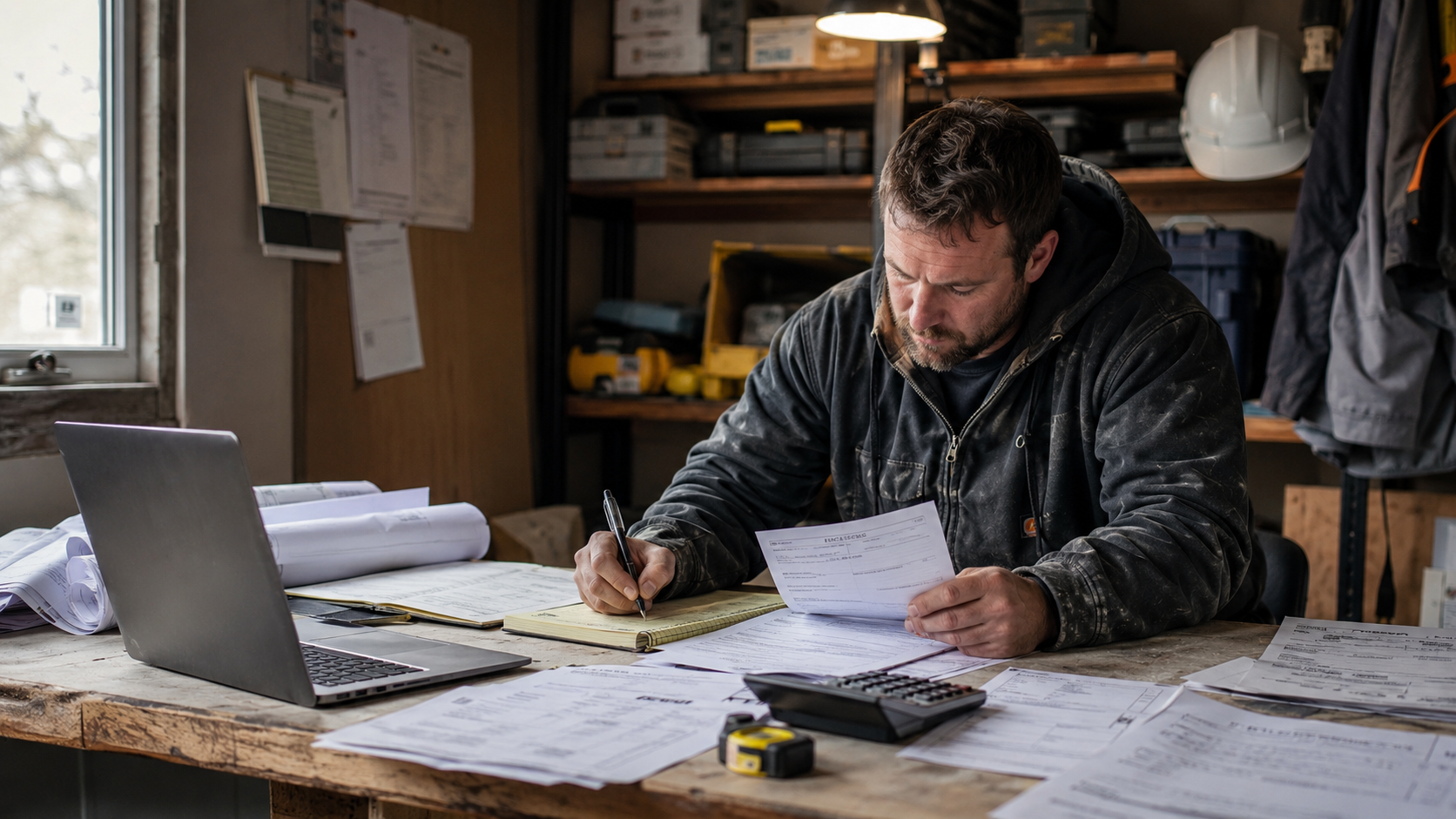 A small contractor reviewing job-cost paperwork, material receipts, plans, invoices, and project expenses at a practical work desk.