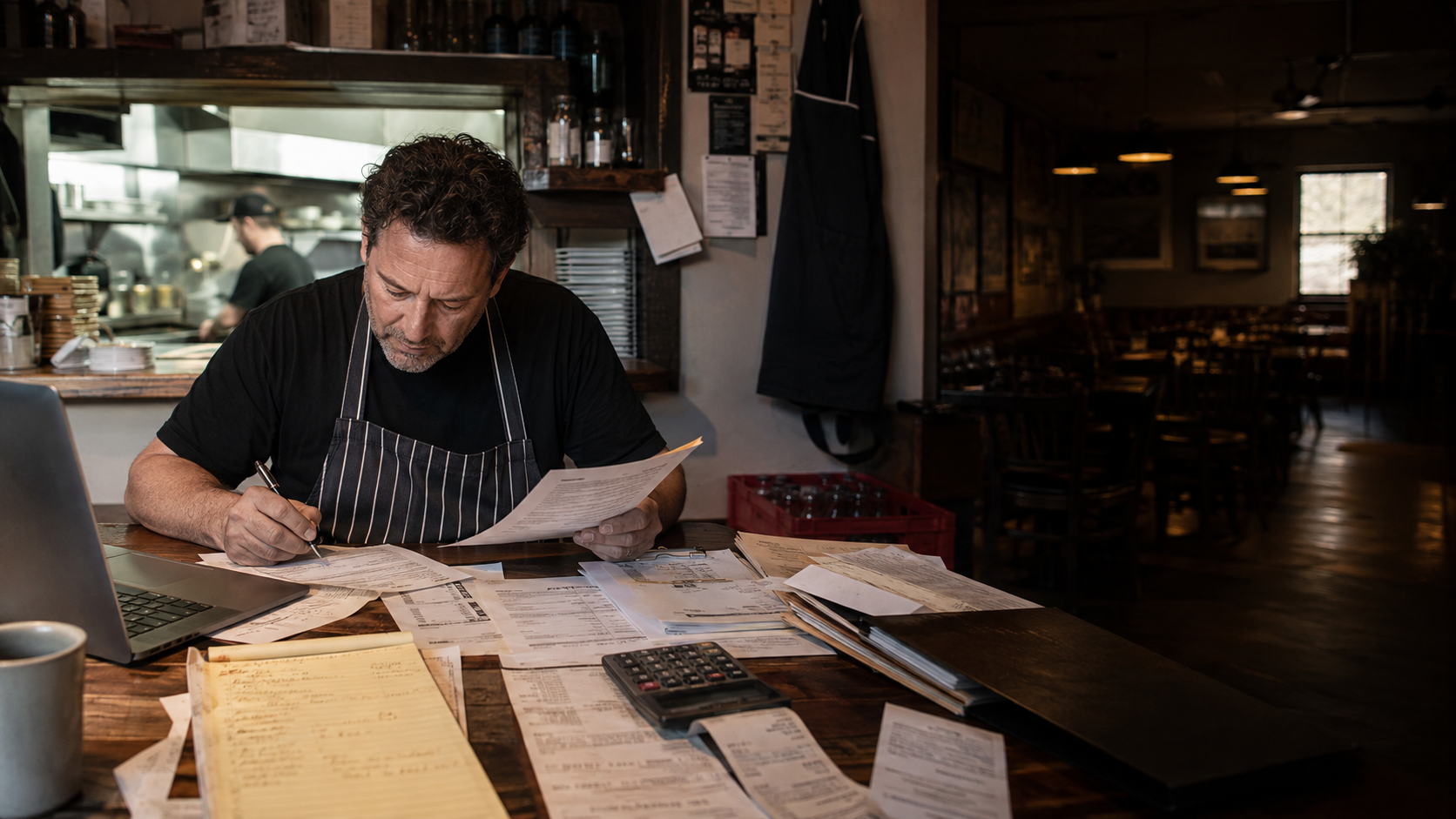 A small restaurant owner reviewing bookkeeping paperwork, receipts, vendor invoices, and sales records in a back-office workspace.