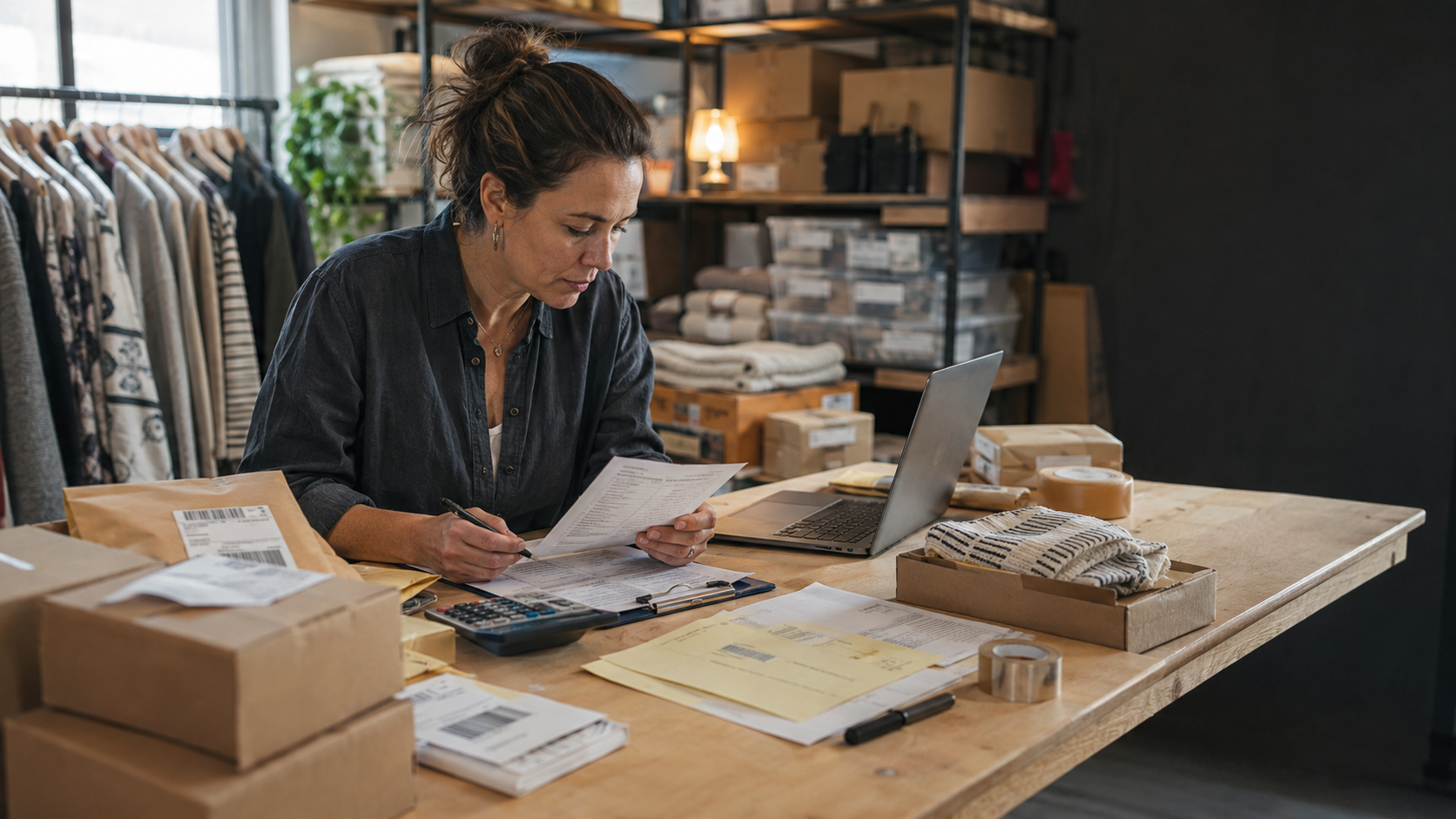 A small retail and e-commerce business owner working at an order fulfillment station with inventory, packages, shipping paperwork, calculator, and sales records.