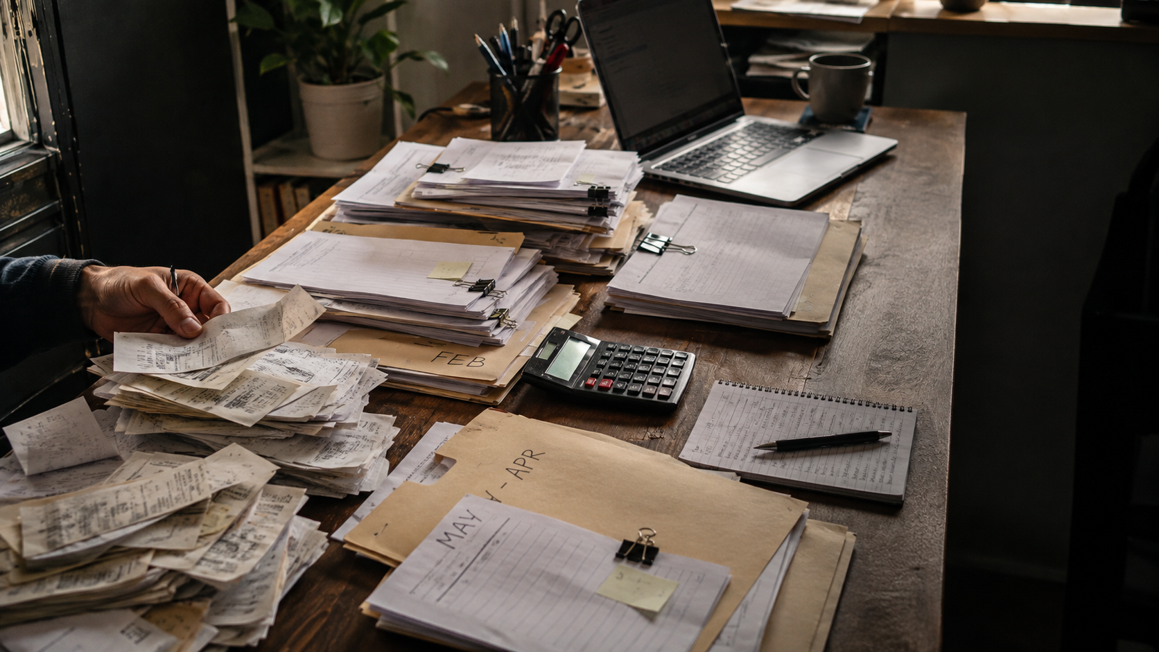 A bookkeeping cleanup assessment with stacks of financial paperwork, receipts, folders, calculator, notebook, and laptop being reviewed and organized.