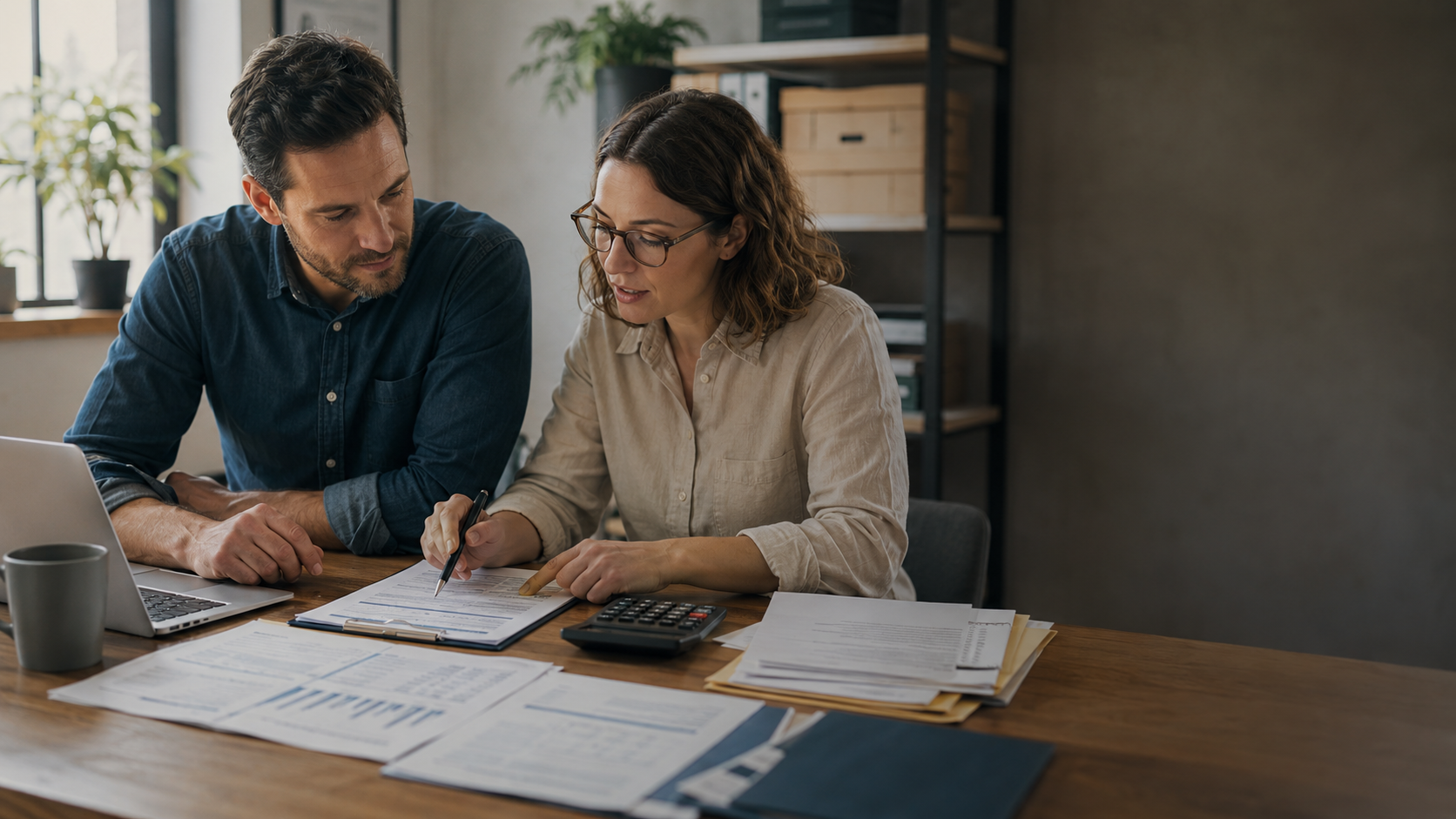 A small-business owner and bookkeeper reviewing a monthly bookkeeping service plan together at a desk.