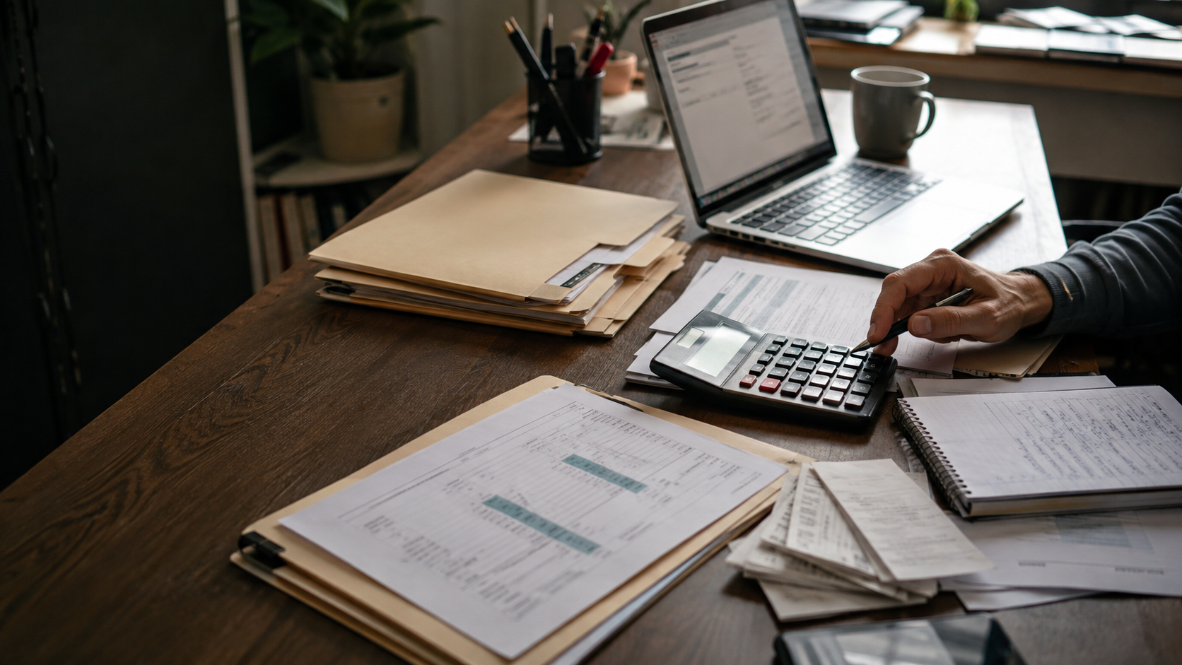 A bookkeeping pricing workspace with calculator, organized financial documents, manila folders, notebook, laptop, and service planning paperwork.