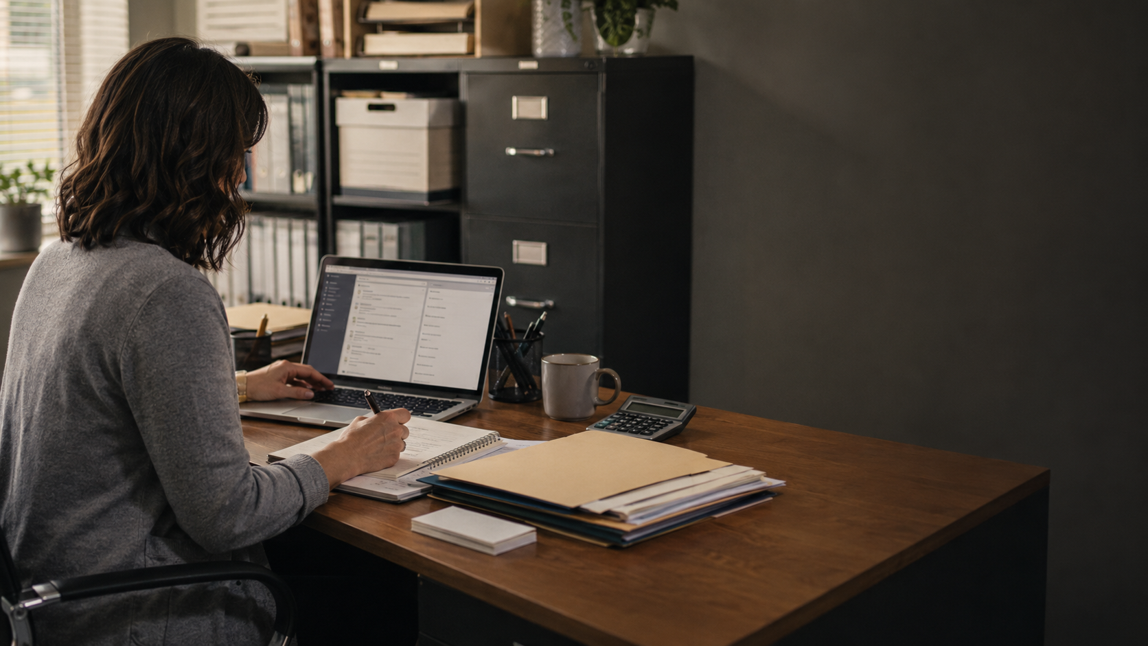A professional bookkeeper reviewing a digital client inquiry at an organized office desk while making follow-up notes.
