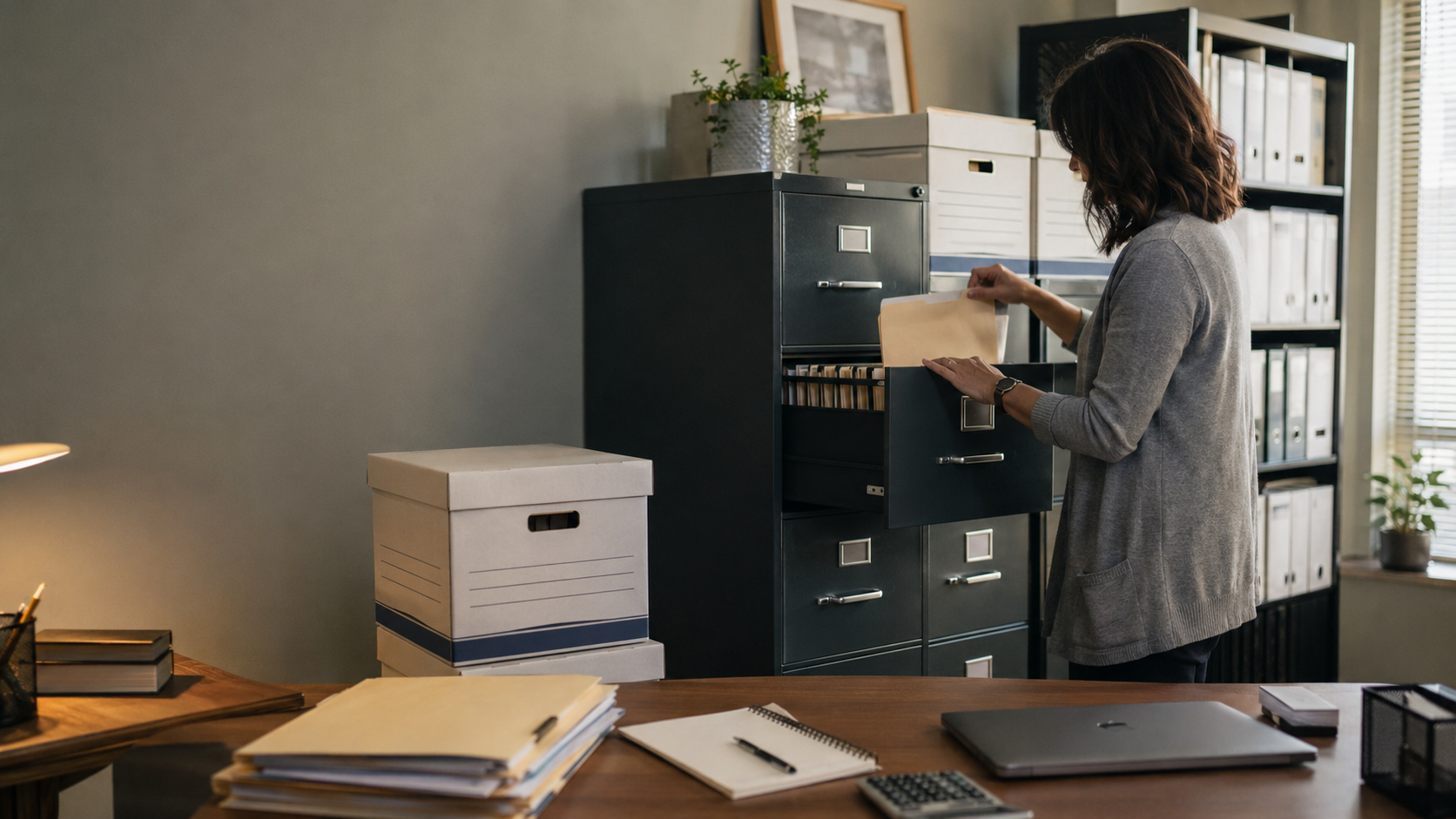 An organized bookkeeping office workspace with carefully stored client folders, filing cabinets, records, calculator, laptop, and document storage.