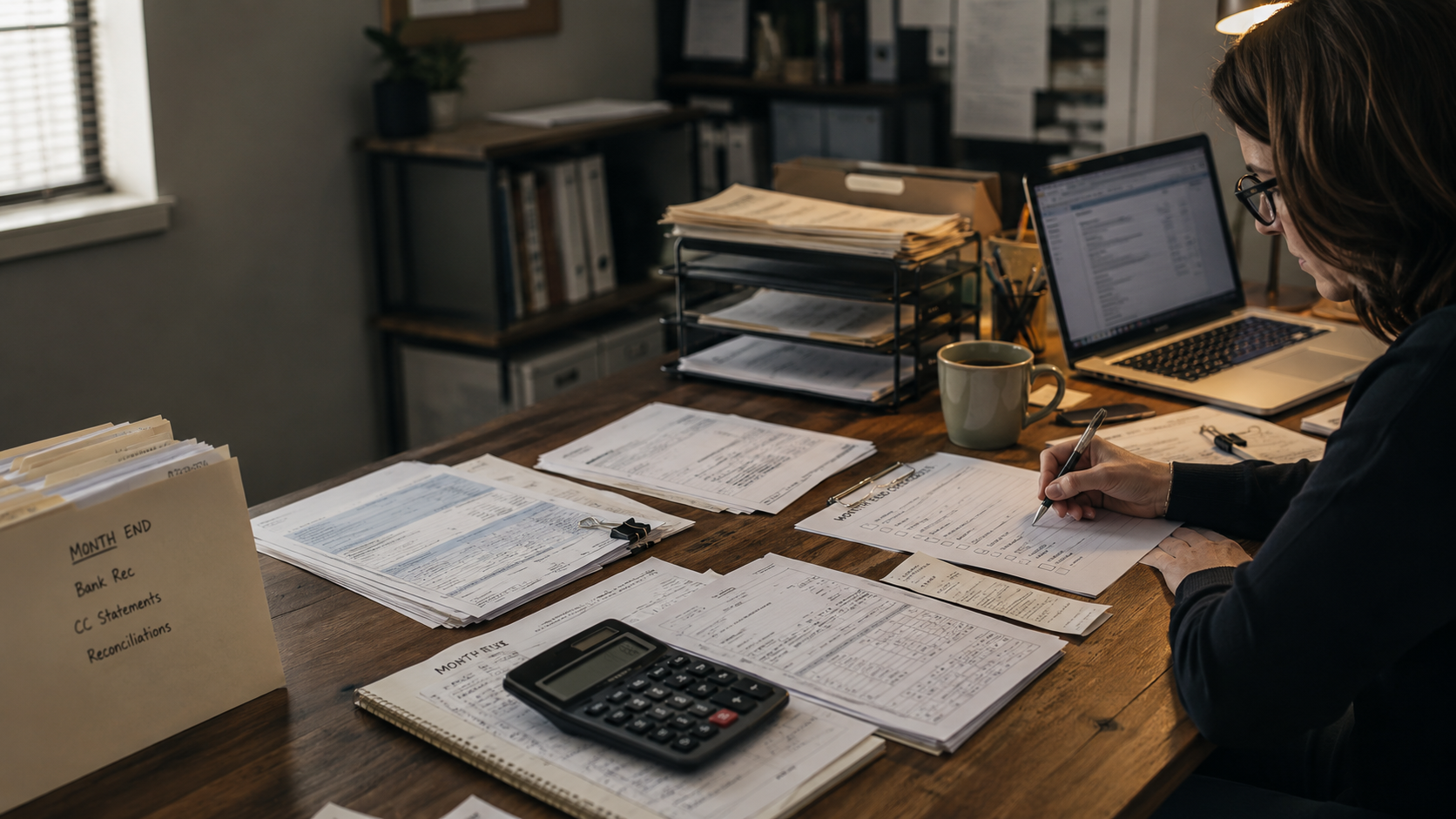 A month-end bookkeeping workspace with organized statements, receipts, calculator, laptop, folders, and reconciliation paperwork.