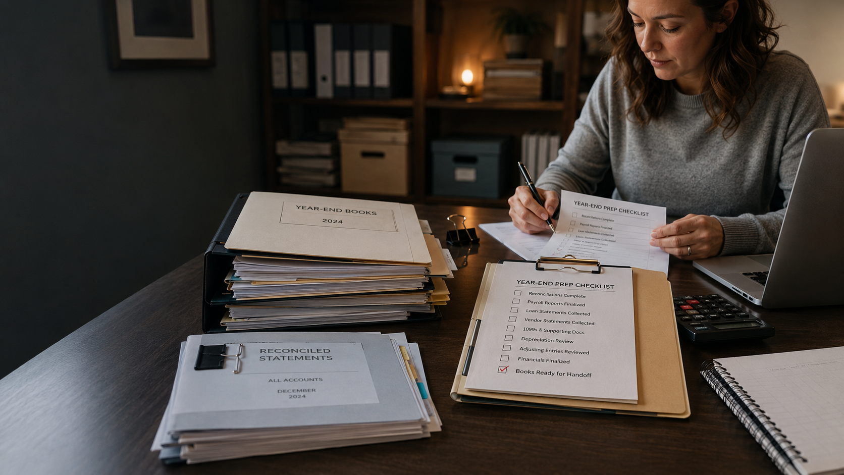 An organized year-end bookkeeping workspace with reconciled statements, payroll reports, folders, calculator, and a completed financial checklist.