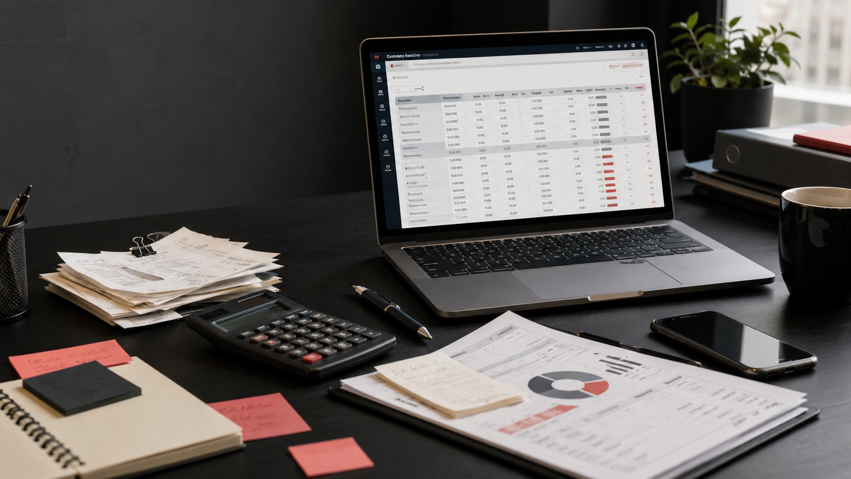 An organized bookkeeping workspace with a laptop, calculator, financial reports, receipts, notebook, and office supplies.