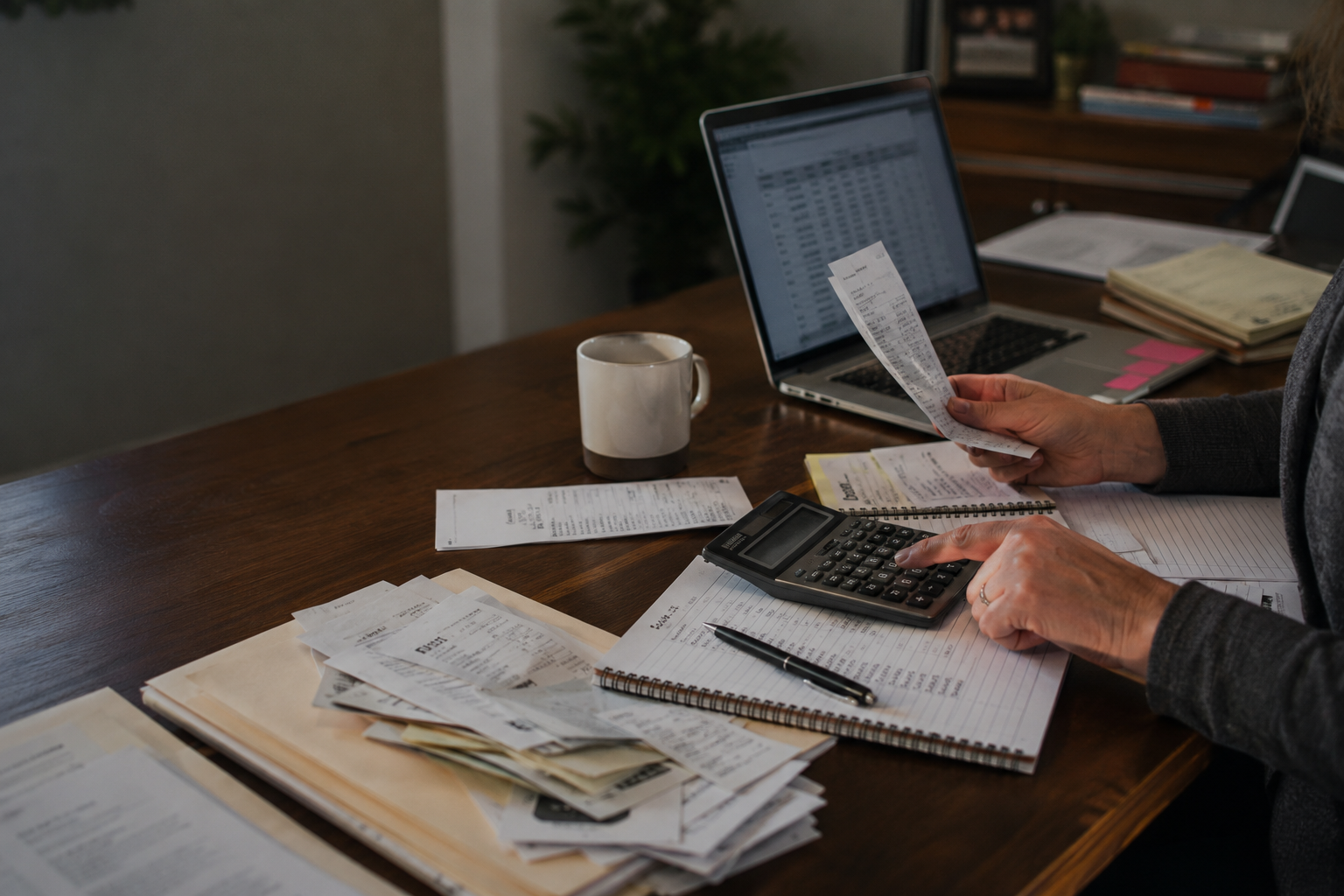 A working bookkeeping desk with calculator, financial statements, receipts, notebook, laptop, and organized paperwork being reviewed.