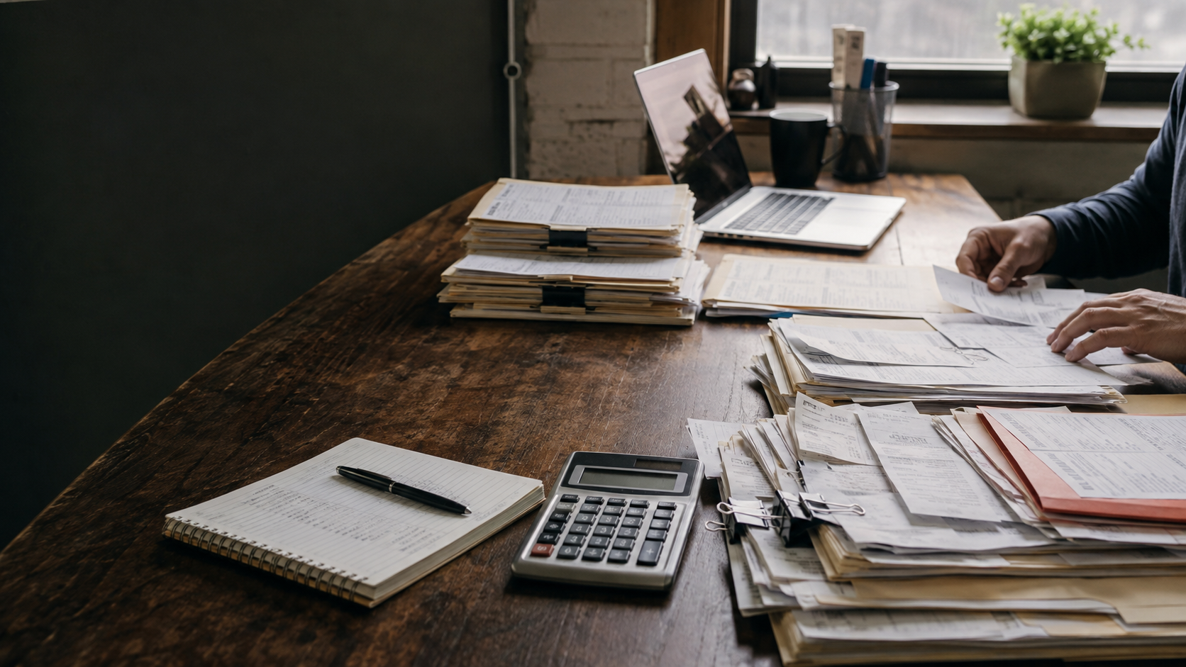 A bookkeeping desk showing a backlog of statements, receipts, folders, calculator, and financial paperwork being sorted and organized.