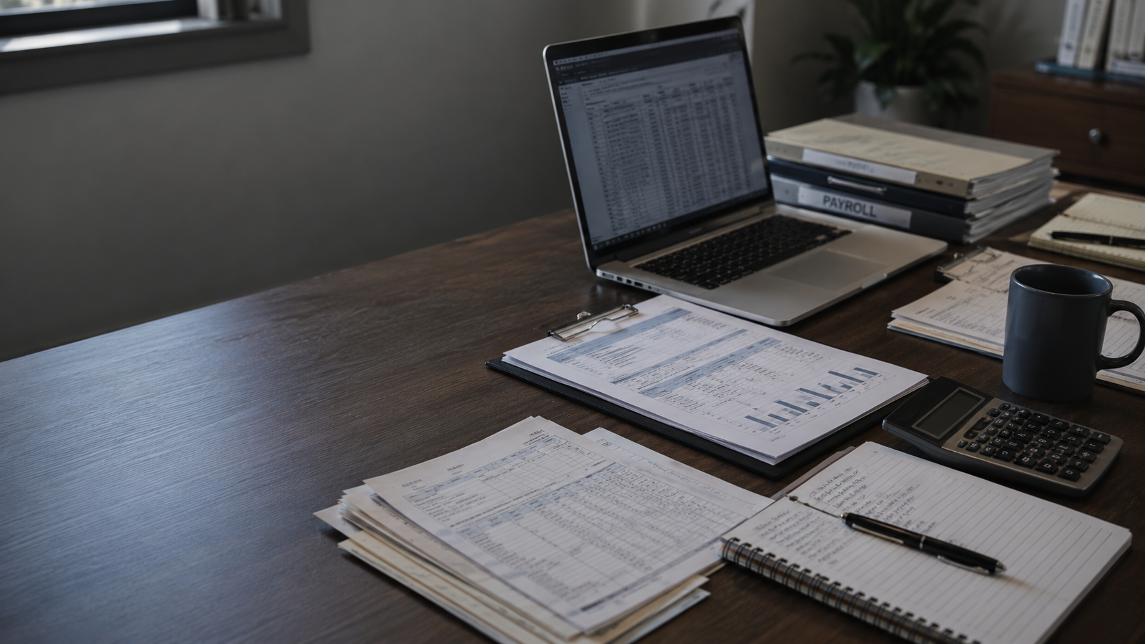 An organized payroll bookkeeping workspace with laptop, calculator, reports, notebook, and neatly arranged financial paperwork.