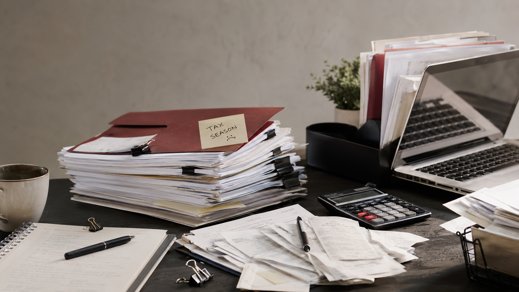 A bookkeeping desk covered with organized tax paperwork, receipts, folders, calculator, notebook, and laptop.