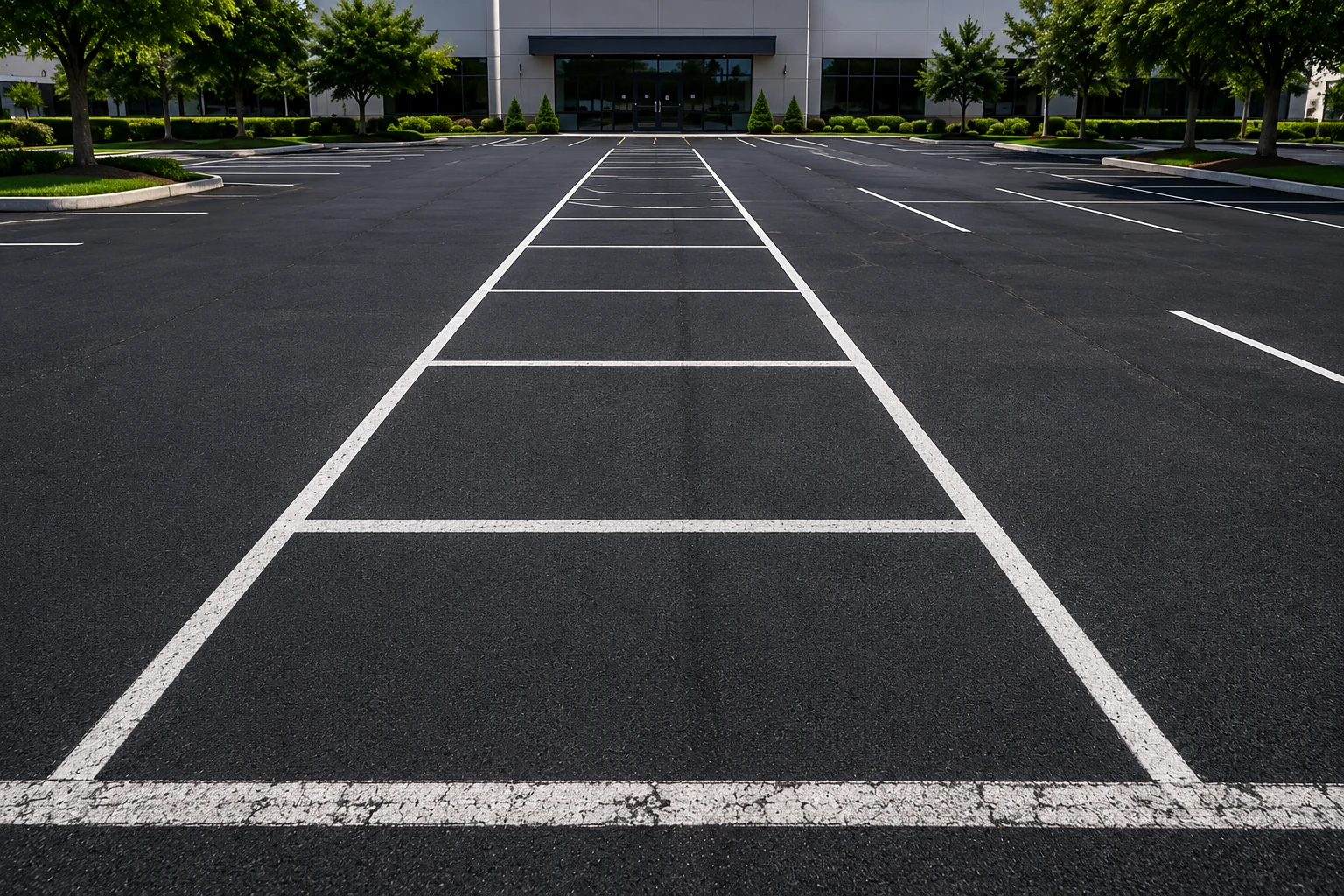 Commercial parking lot with freshly painted parking stalls and directional markings
