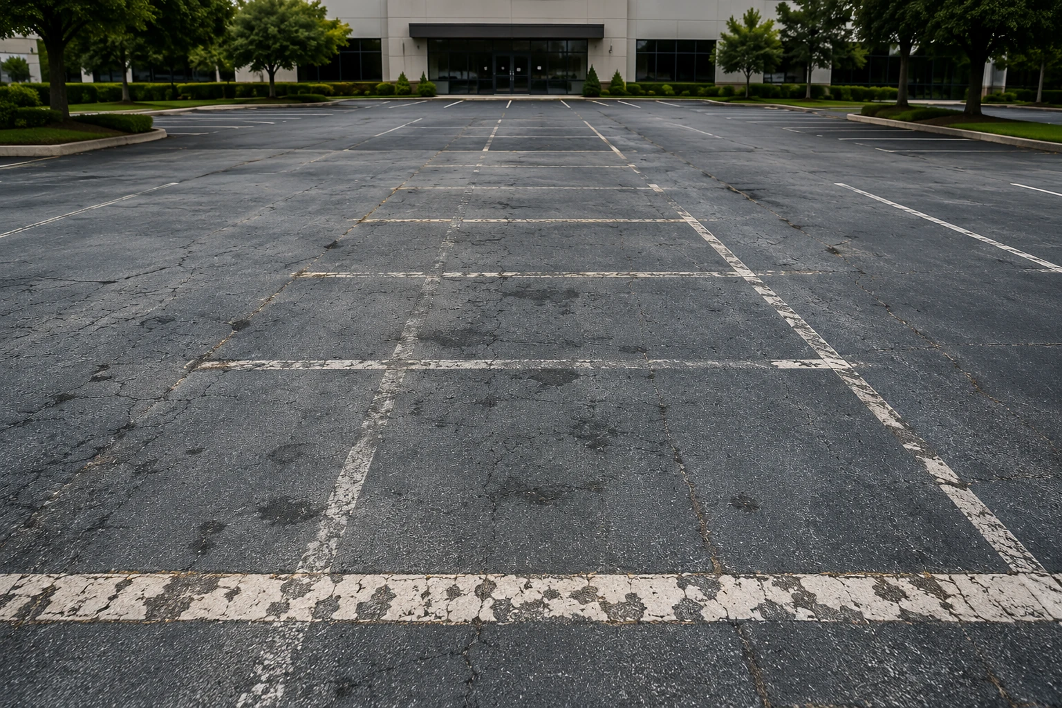 Parking lot with faded and difficult-to-see pavement markings