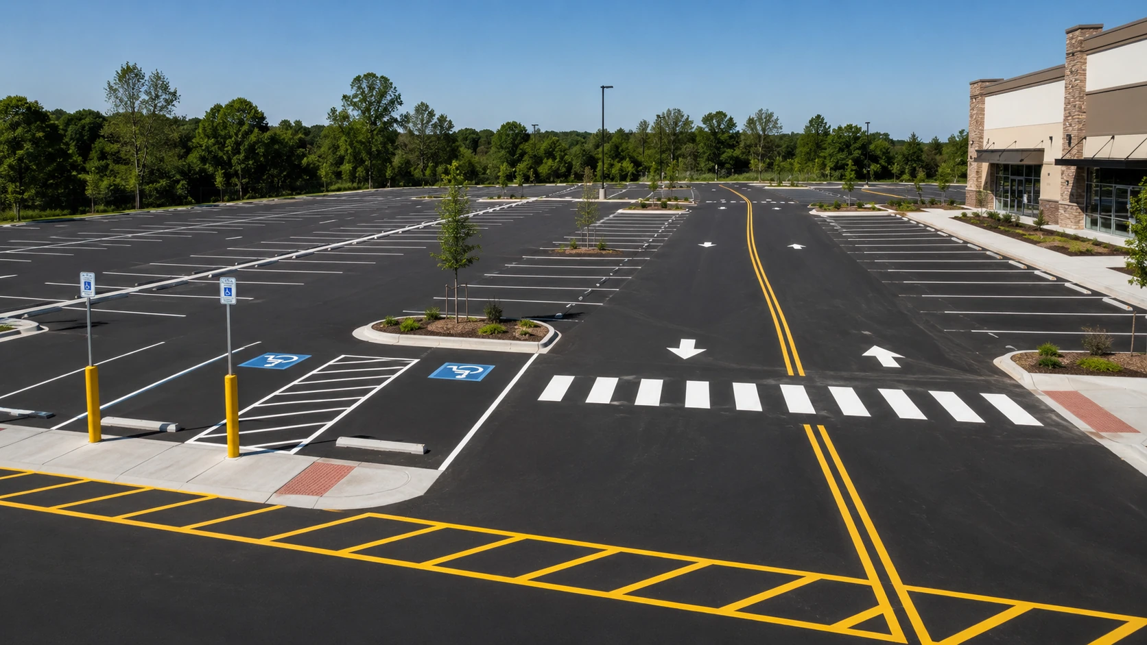 Freshly striped commercial parking lot with crisp white and yellow pavement markings