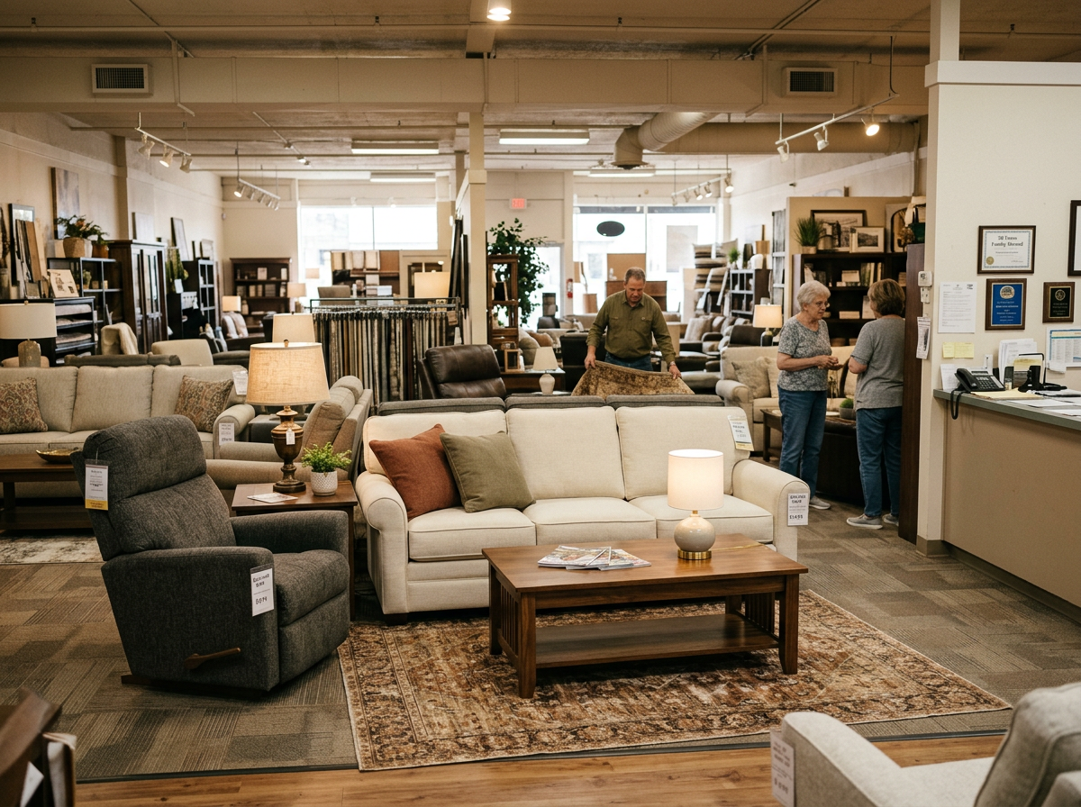 Living room furniture displayed inside a welcoming family-owned furniture showroom.