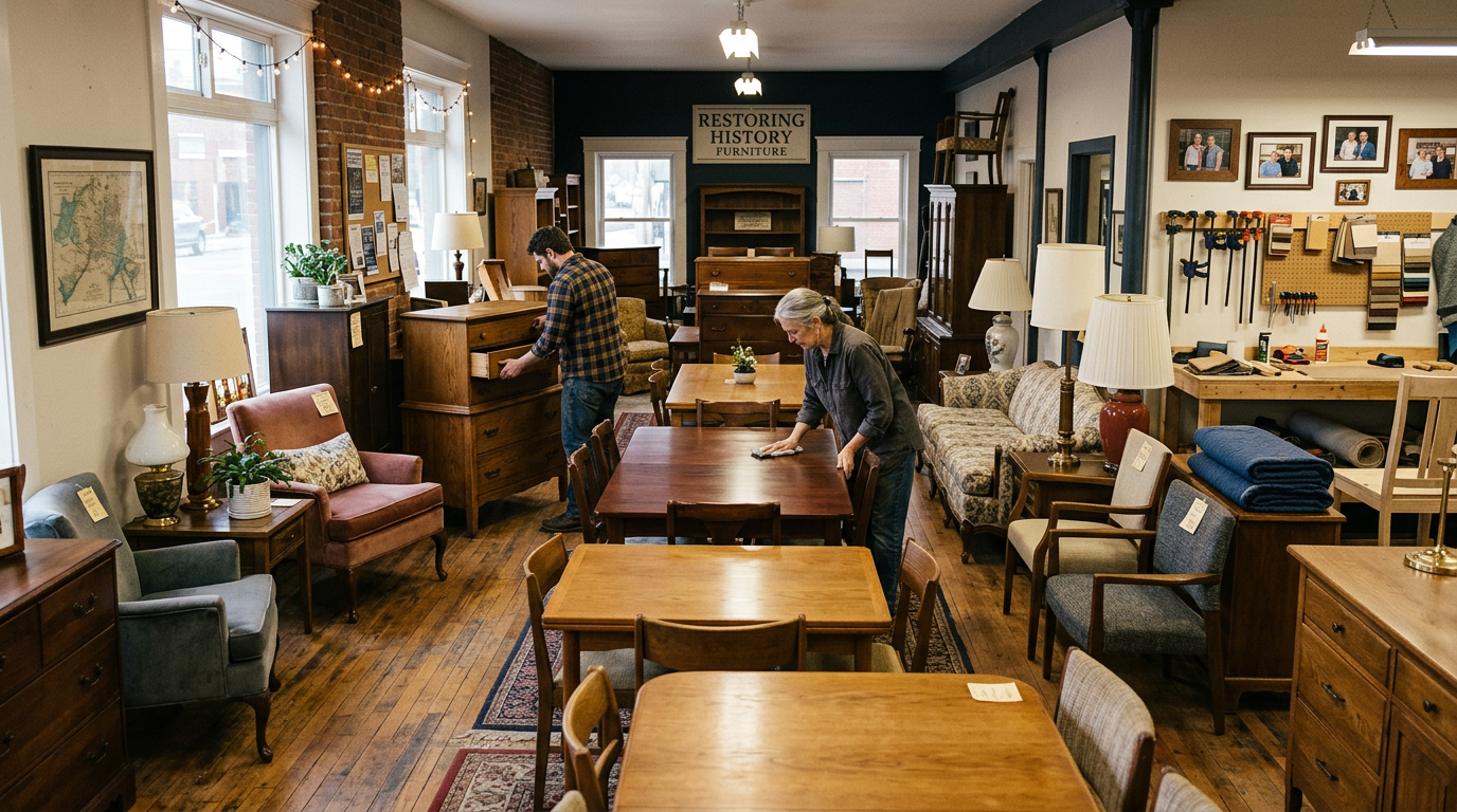Warm independent furniture showroom with a sofa, lounge chairs, wood tables, lamps, and additional room displays.