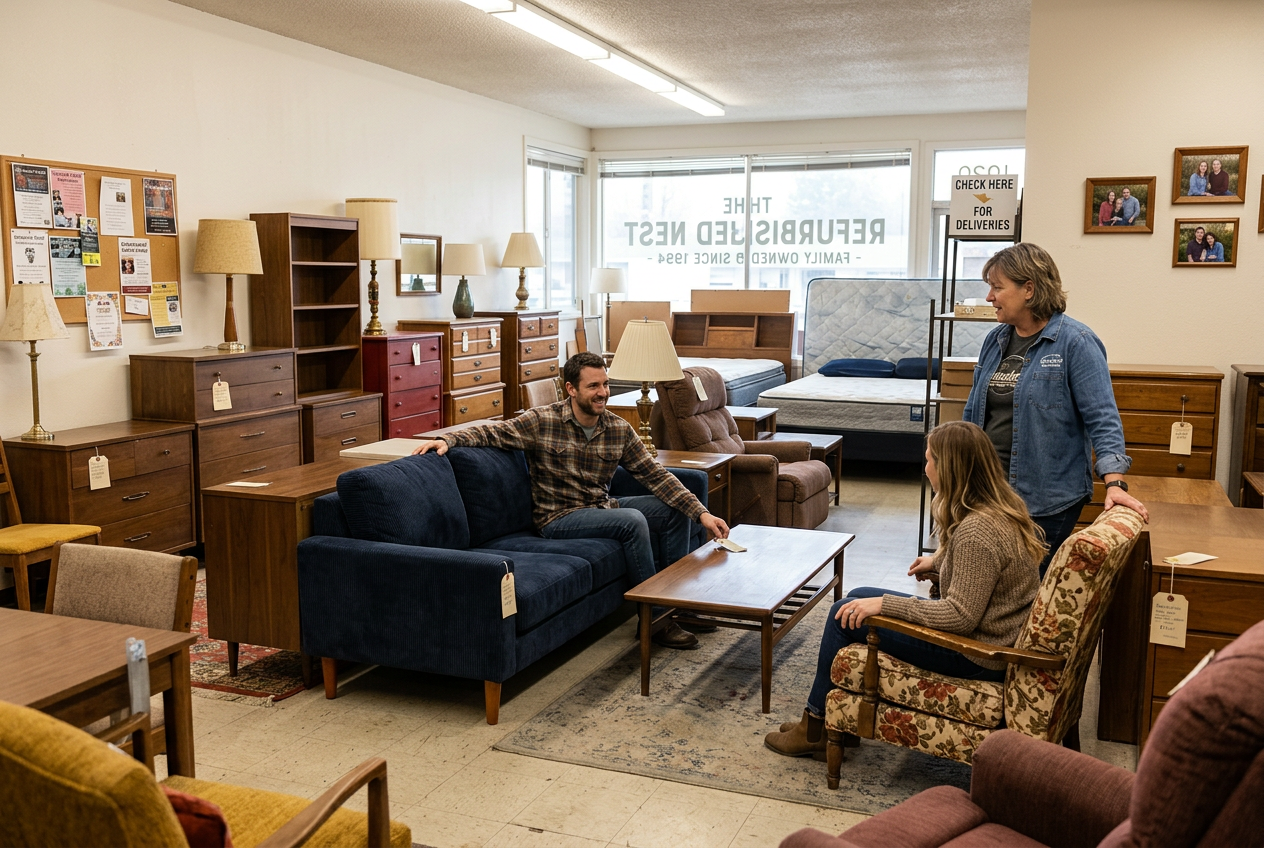 Customers trying sofas and chairs in the TAKE A SEAT showroom while a store employee helps them.