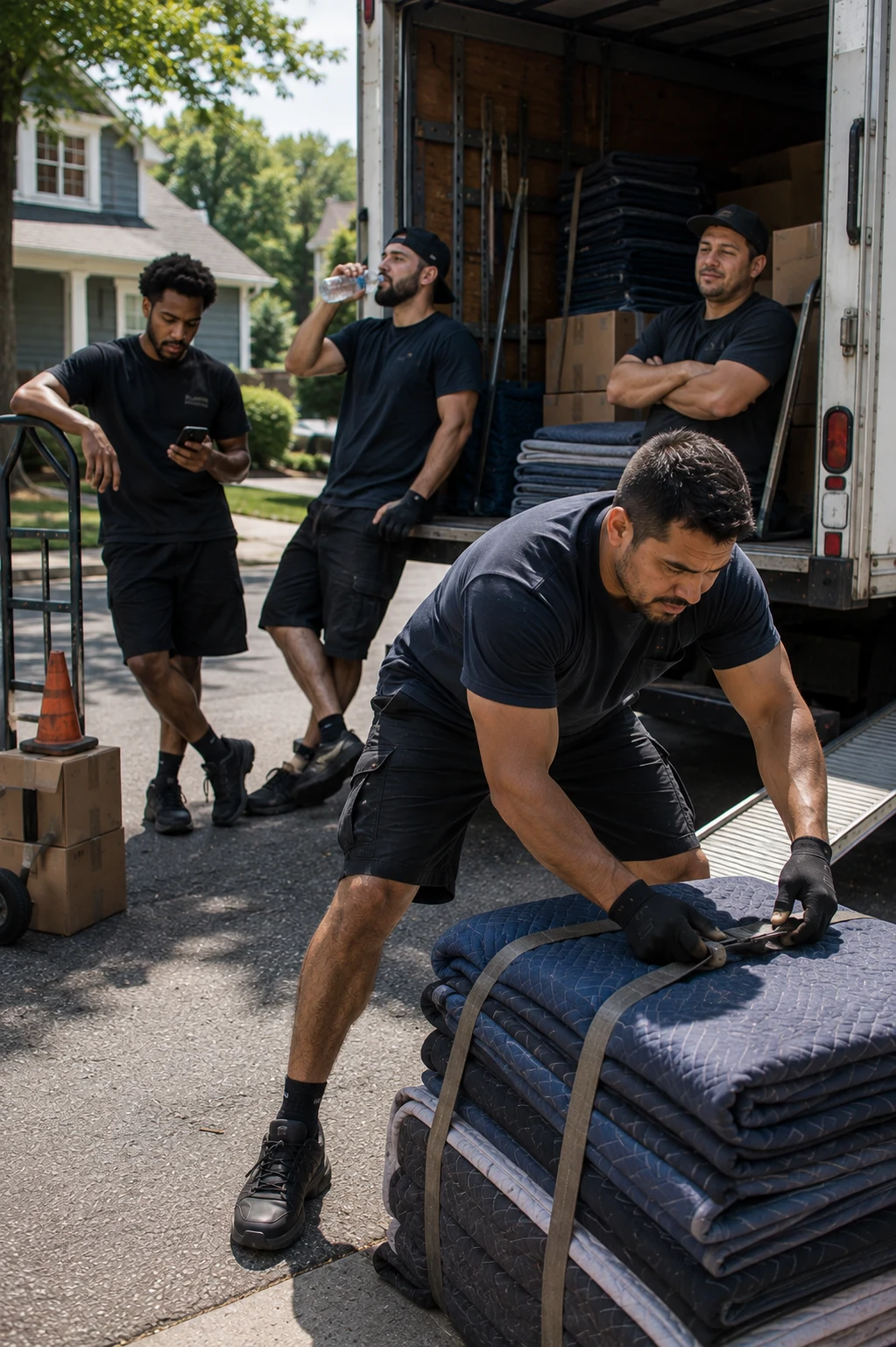Moving crew standing beside a moving truck during a residential move