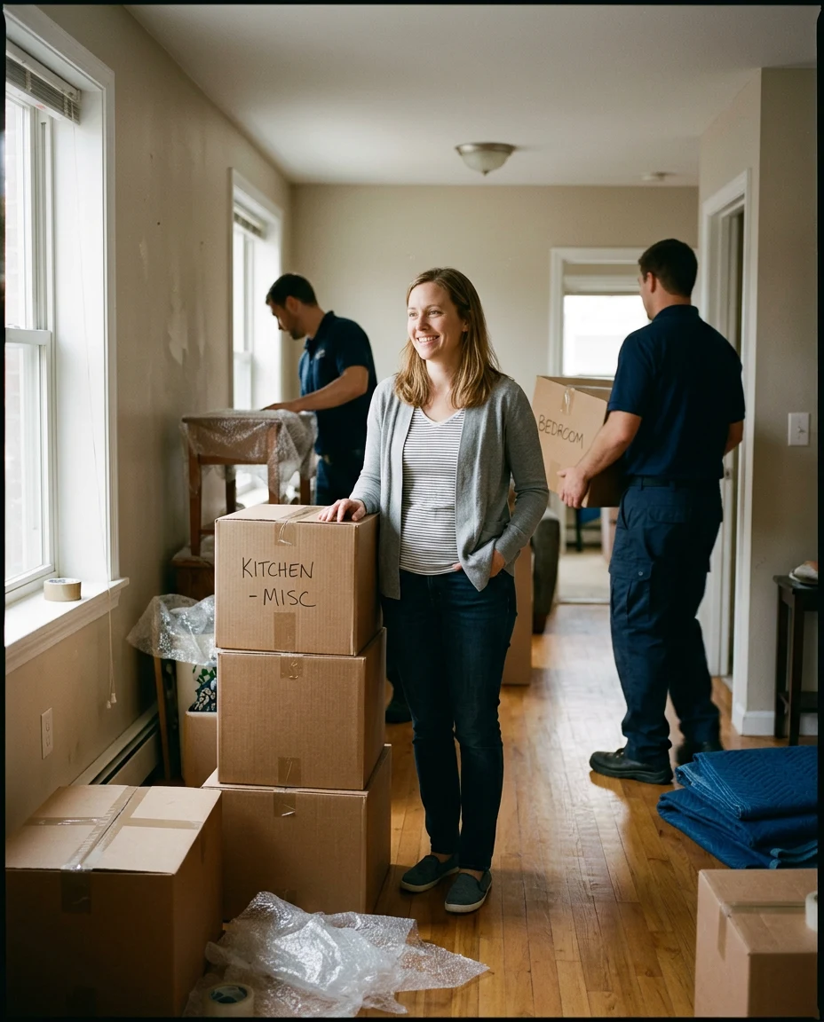 Customer standing near labeled moving boxes while movers unload furniture