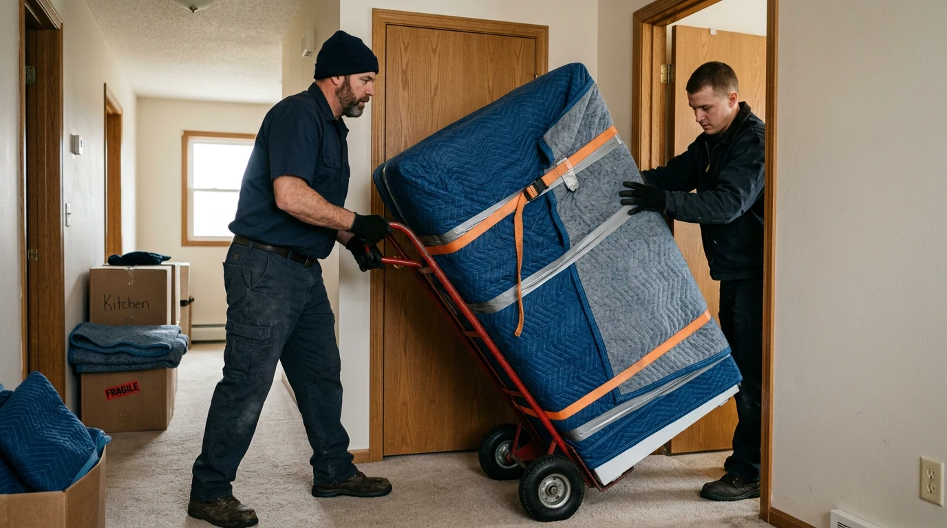 Professional movers using straps and equipment to move a large heavy household item