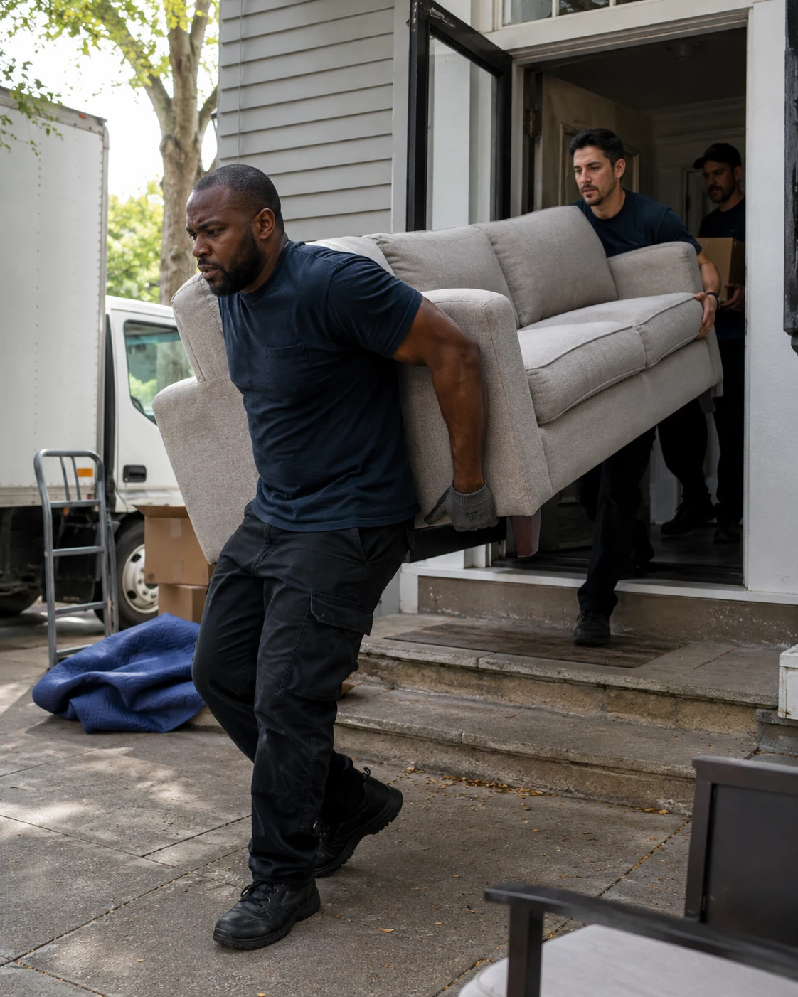 Professional movers carrying furniture from a home during moving day