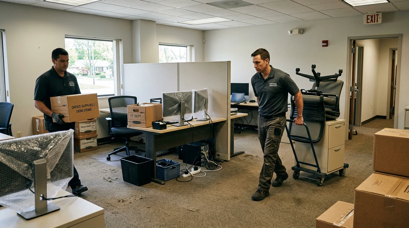 Moving crew relocating office furniture and boxed equipment
