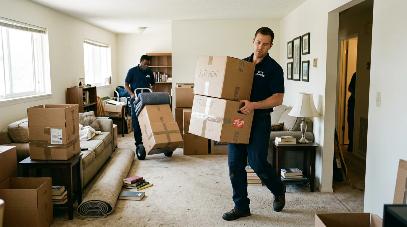 Professional mover carrying boxed household items during a local residential move