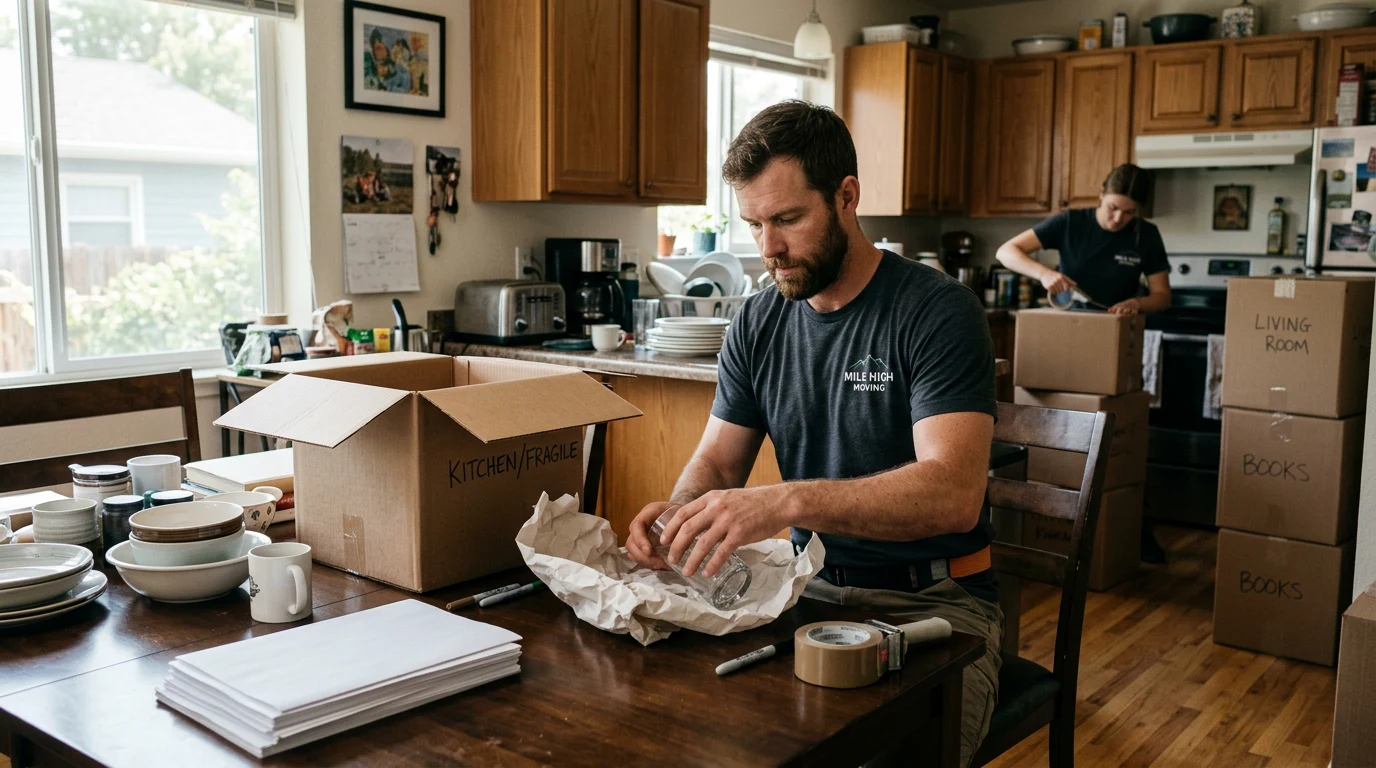 Mover professionally packing household belongings into labeled moving boxes