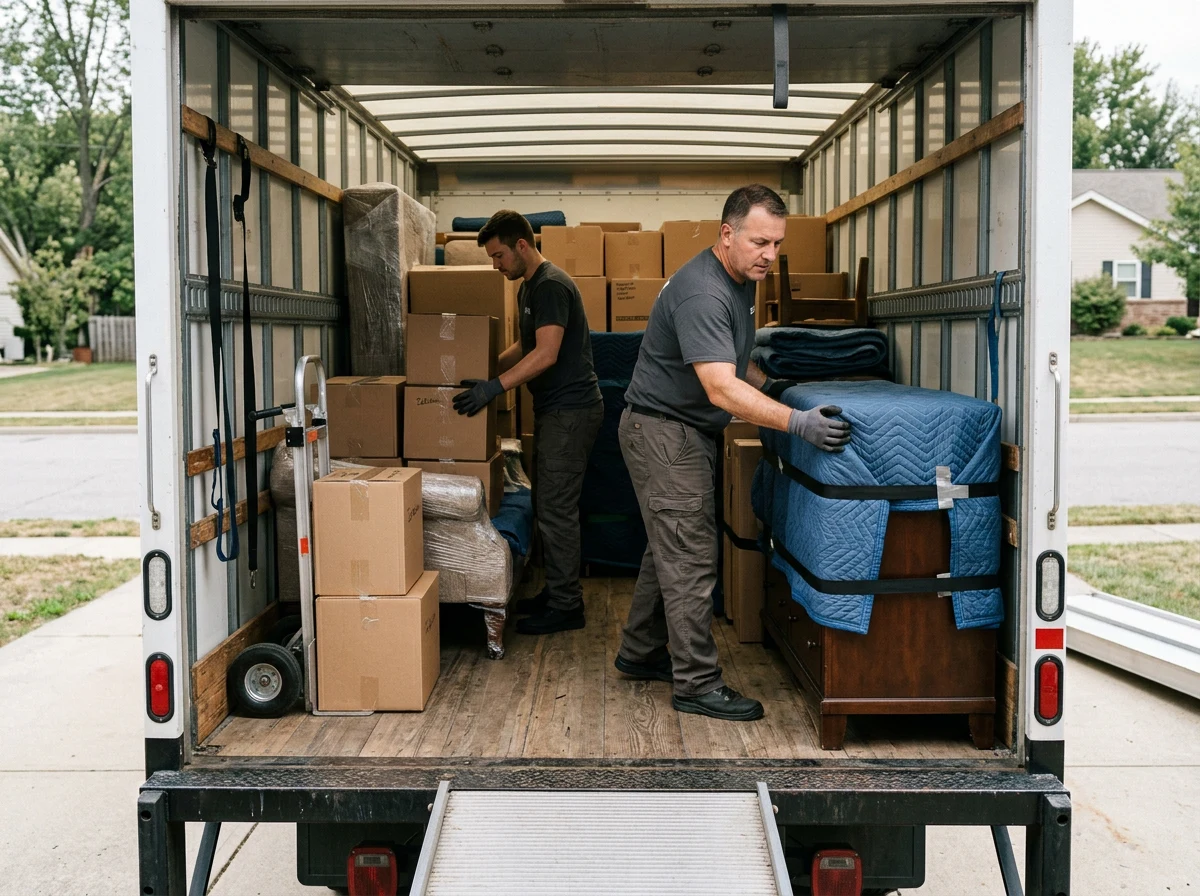 Moving crew carefully loading wrapped furniture and boxes into a moving truck