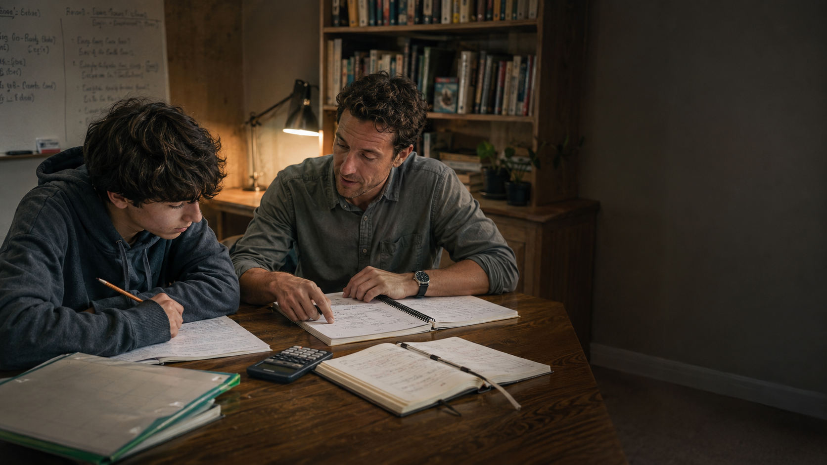 An independent tutor working one-on-one with a teenage student in a small tutoring workspace with notebooks, assignments, a planner, and calculator.