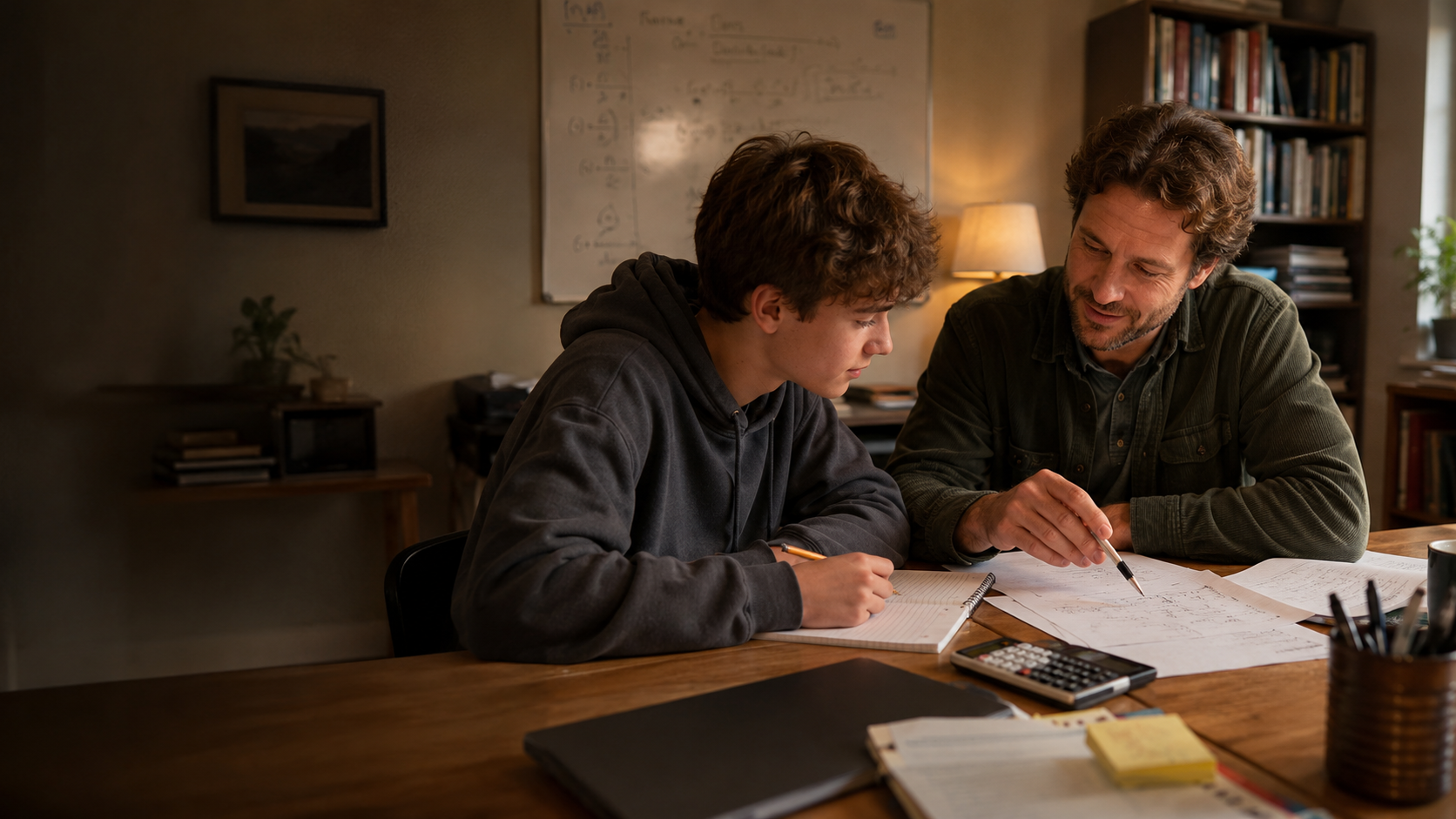 An adult tutor and teenage student discussing schoolwork together at a tutoring table with a notebook, worksheet, calculator, and study materials.