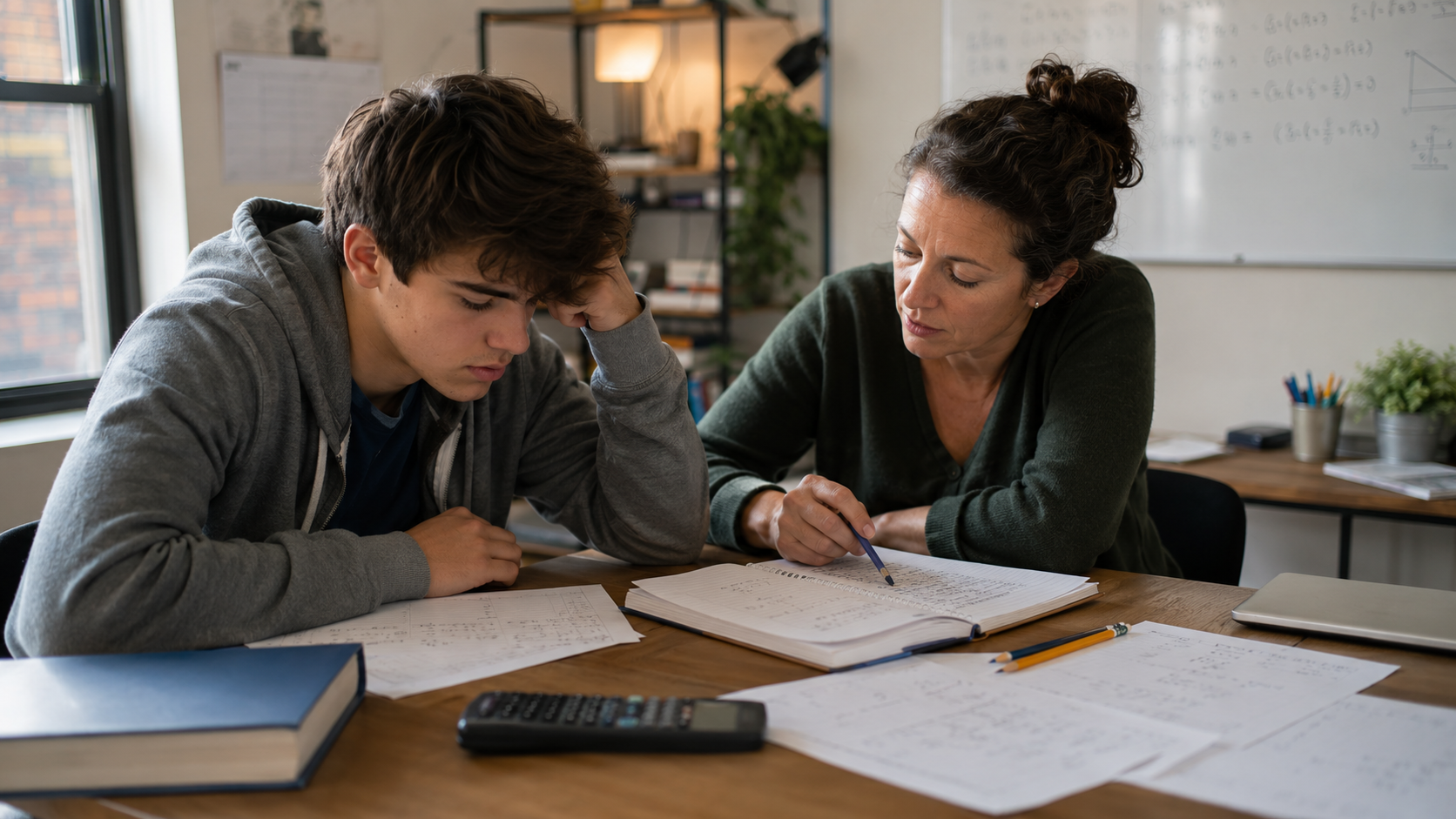 A tutor helping a high school student work through a math problem at a study table covered with notebooks, worksheets, pencils, and a calculator.