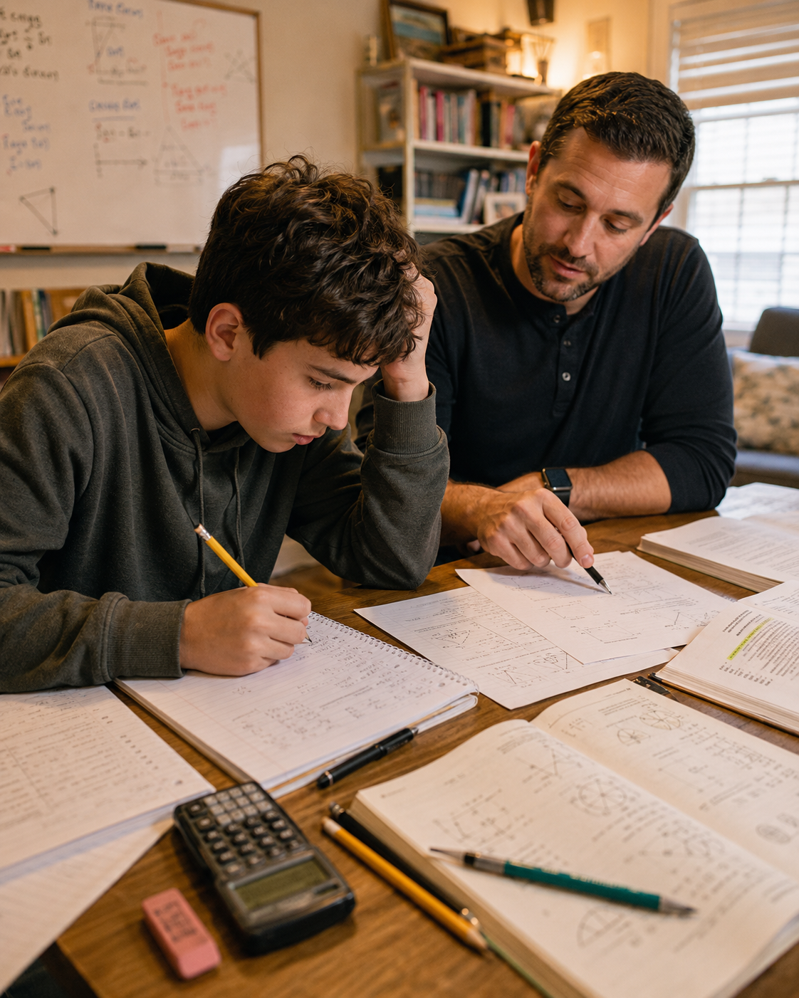 A tutor helping a teenage student work through several school subjects at a study table covered with notebooks, worksheets, pencils, and a calculator.