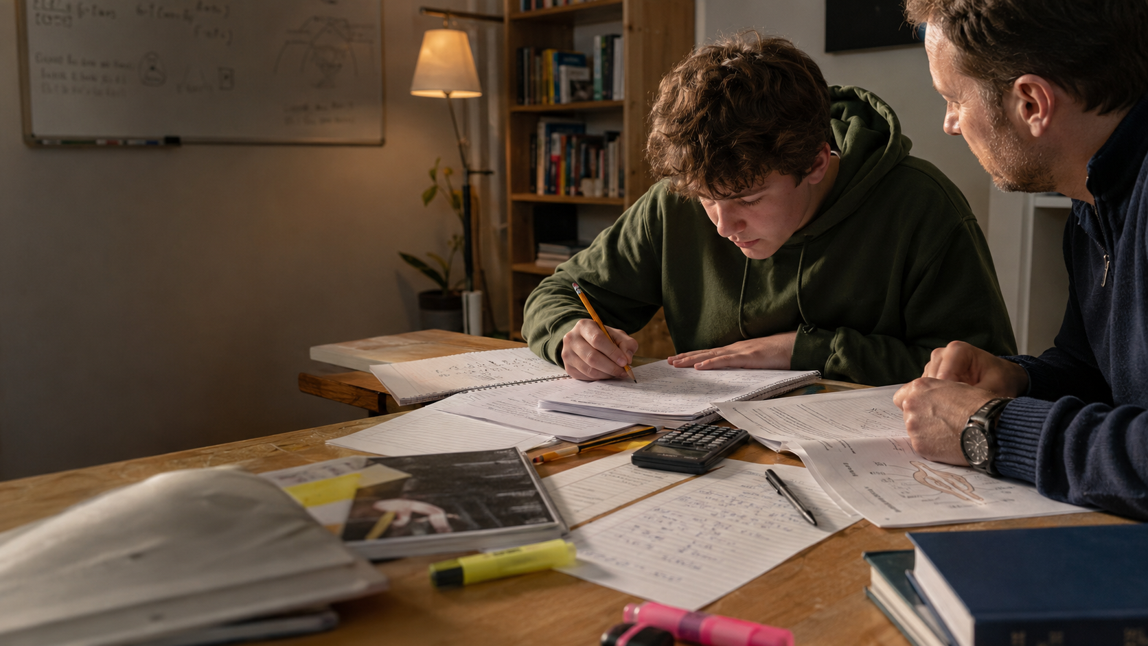 A teenage student working through math, science, reading, and writing materials at a tutoring table while a tutor helps organize the session.