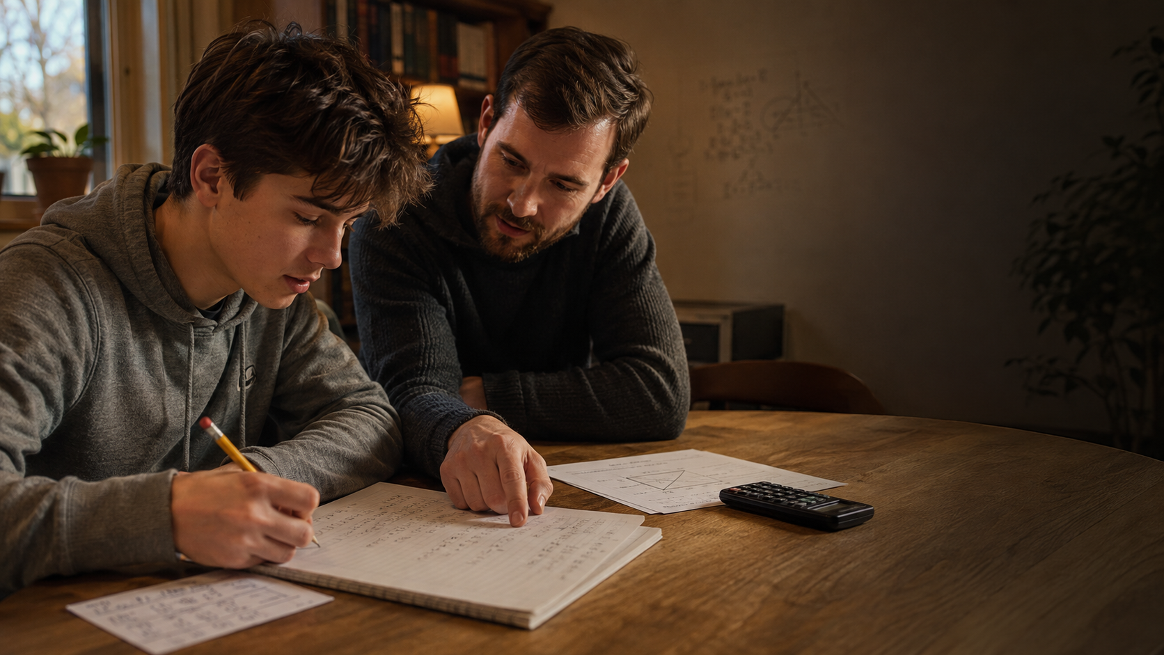 A teenage student and an adult tutor working through one specific academic problem at a table with a notebook, worksheet, pencil, and calculator.
