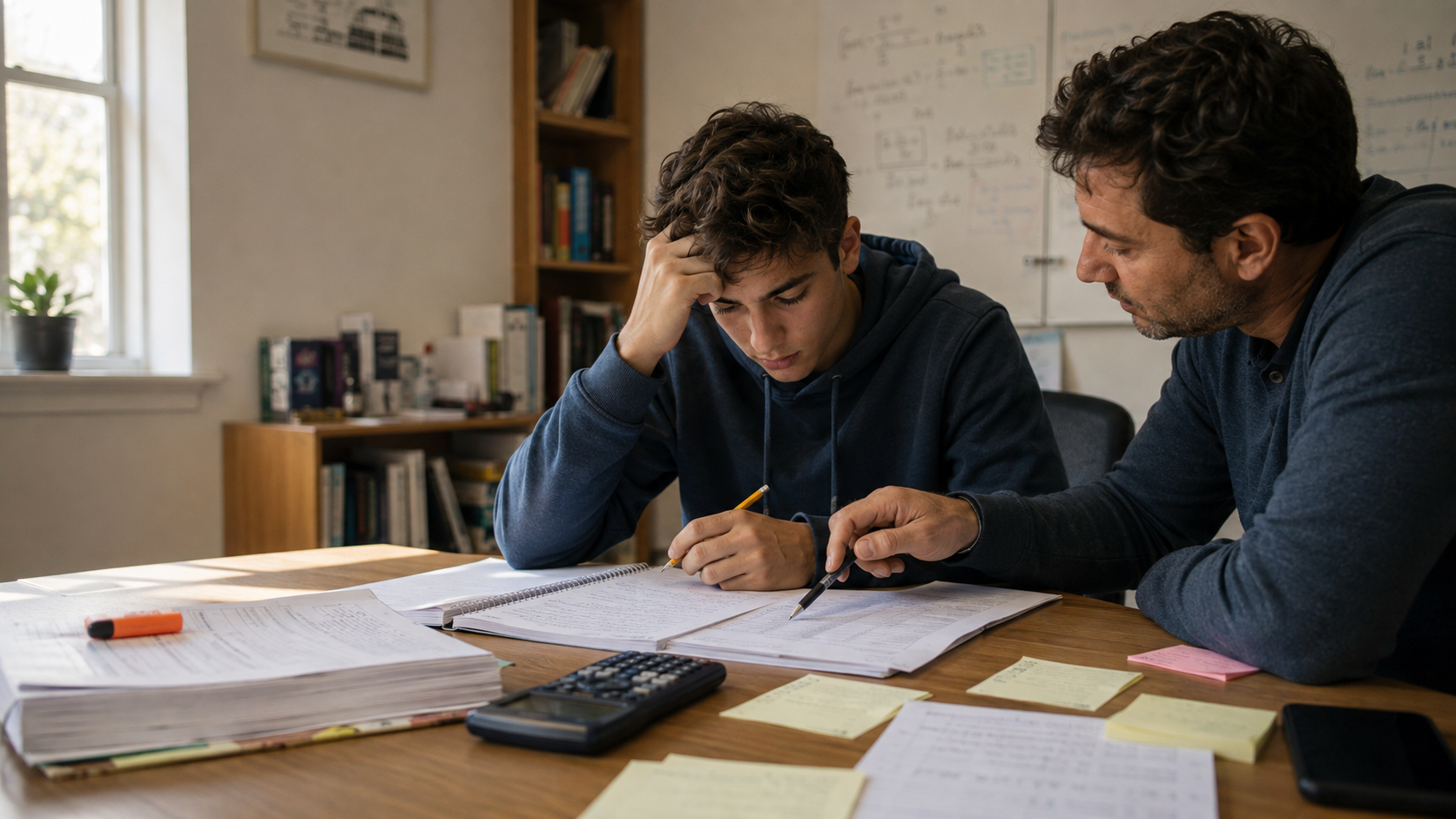 A teenage student preparing for an upcoming test with review materials, notes, a calculator, and an adult tutor nearby.