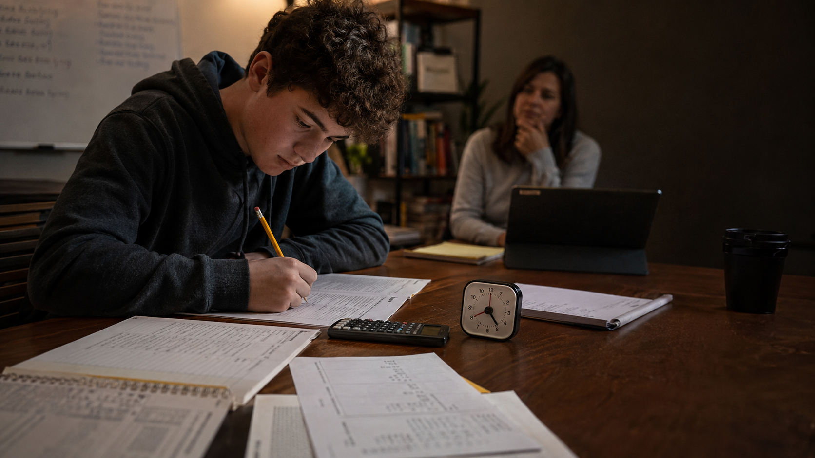A teenage student completing timed practice questions with a pencil, calculator, scratch paper, and a clock visible nearby during a tutoring session.