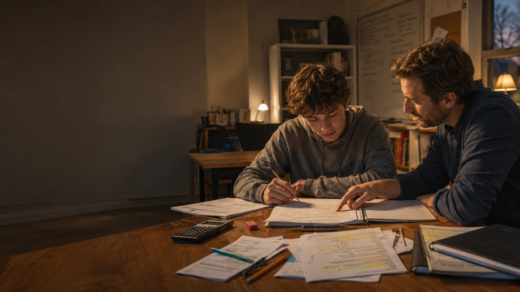 A tutor helping a teenage student review and correct schoolwork near the end of a tutoring session, with notebooks, worksheets, pencils, and a calculator spread across the table.