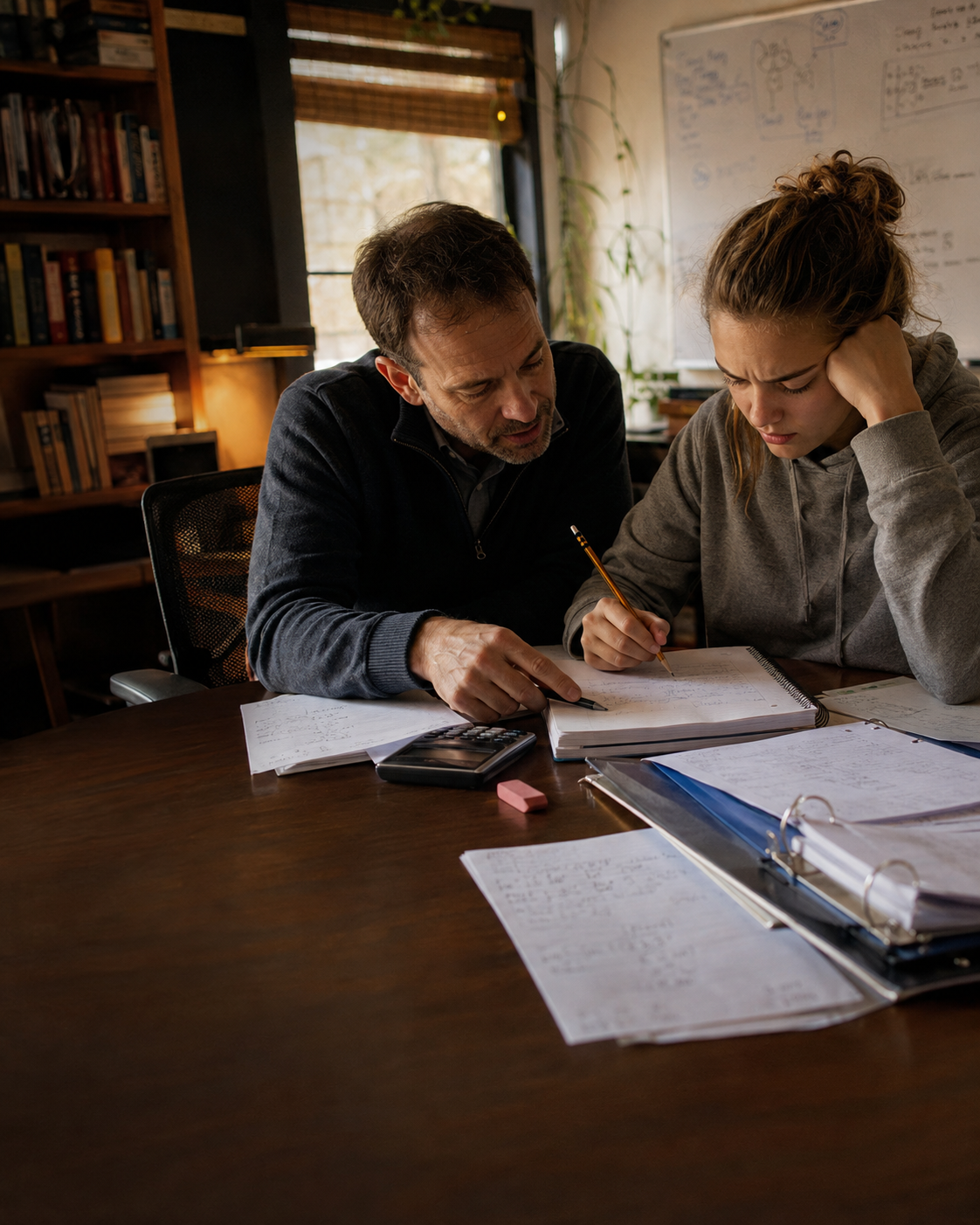A tutor working face-to-face with a teenage student at a study table covered with notebooks, worksheets, pencils, and a calculator.