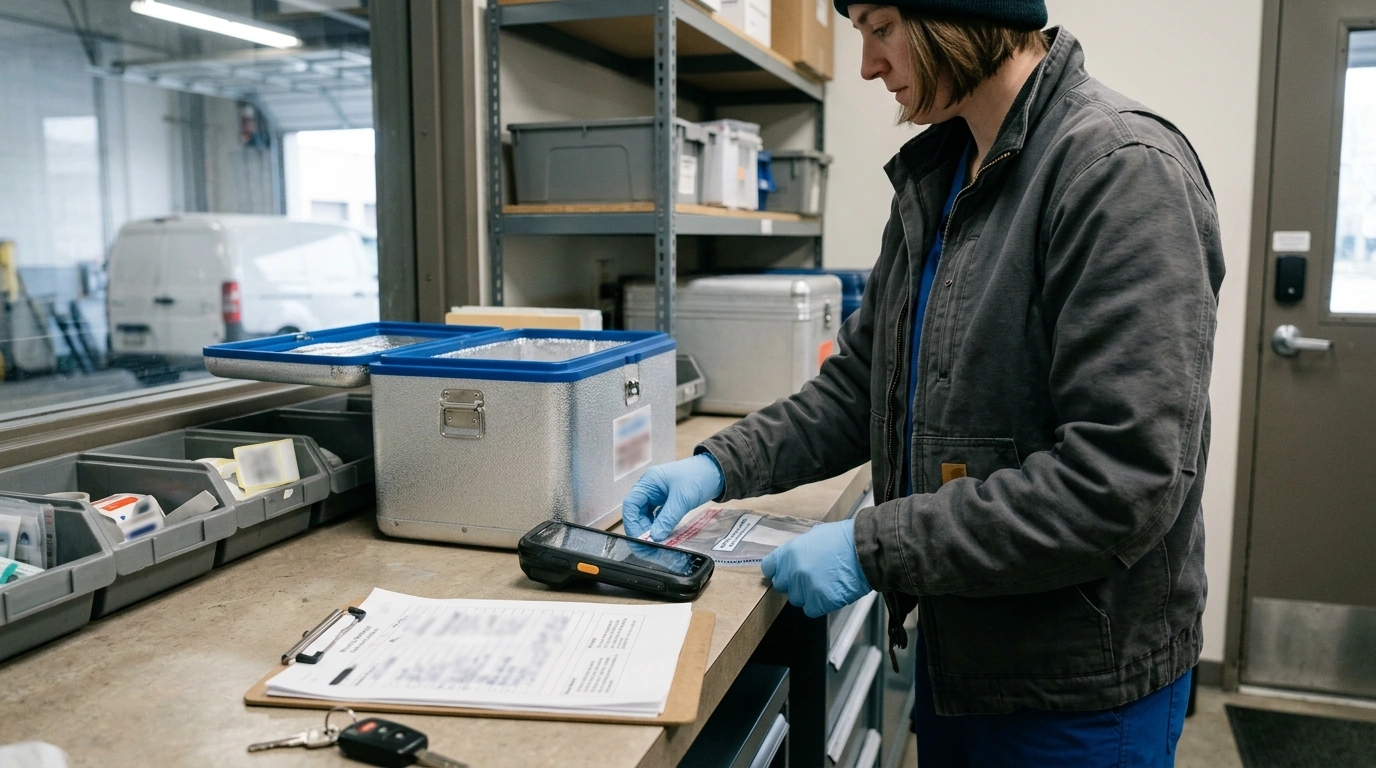 Medical courier preparing transport cases and route documentation before departure.