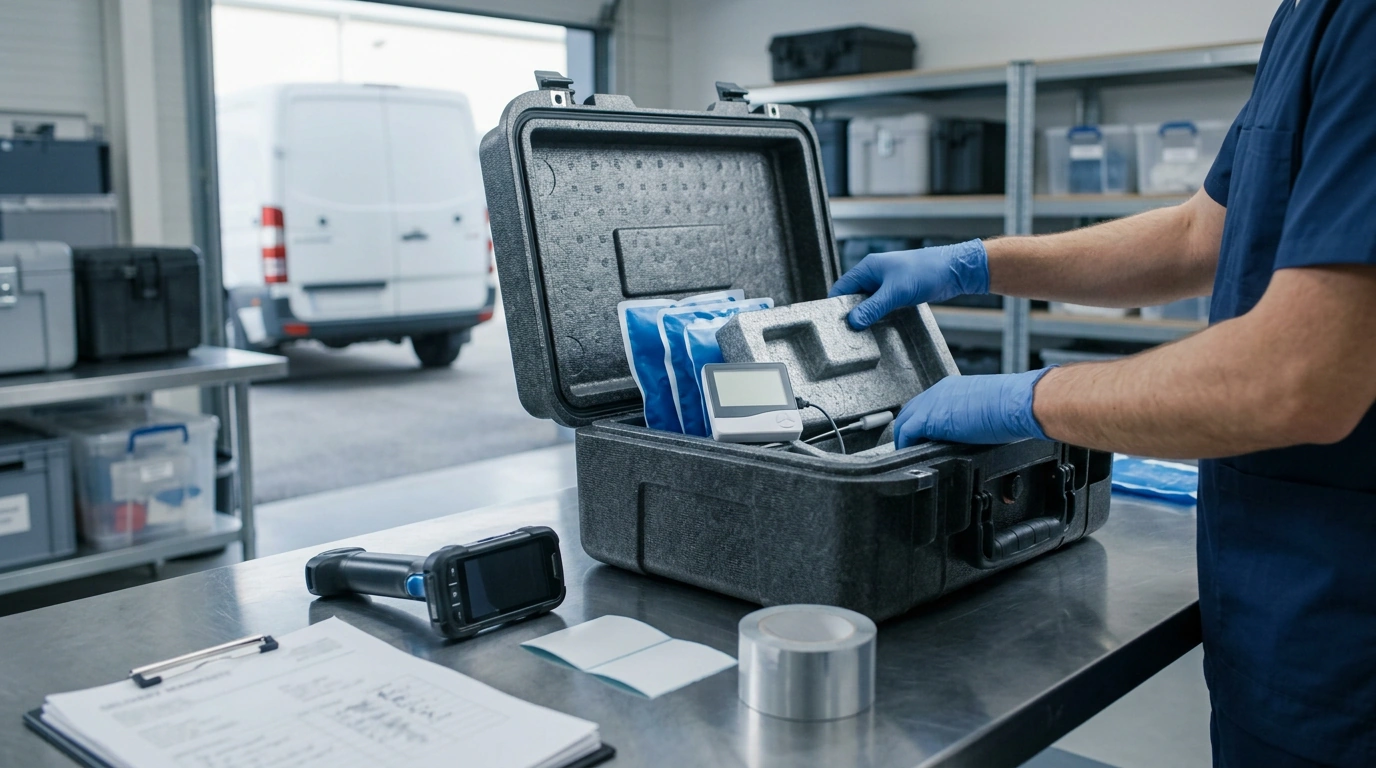 Insulated medical transport case with cold packs and a temperature monitoring device.