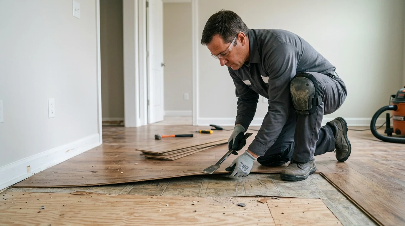 Professional flooring removal exposing several older flooring layers and the subfloor below