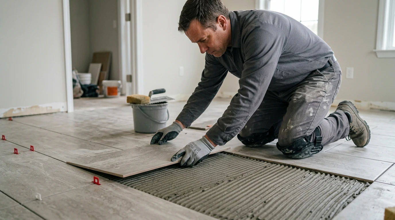 Professional tile installer setting floor tile during a residential installation