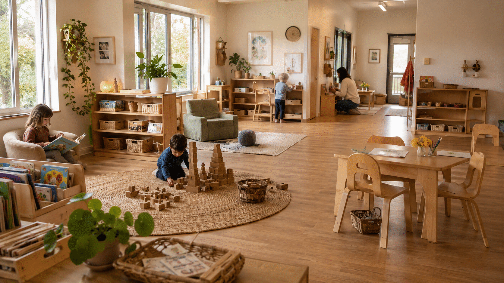 Bright natural childcare classroom with child-height furniture, learning materials, books, and open play areas