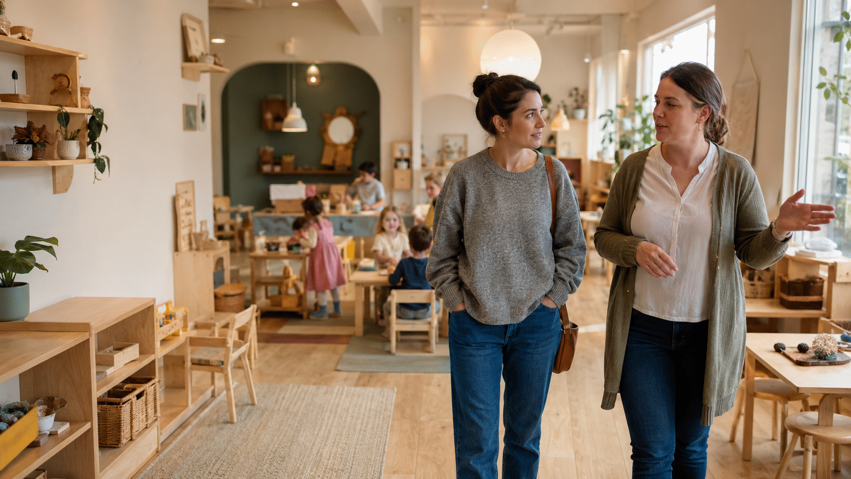 Parent touring a warm childcare classroom with an early-childhood educator
